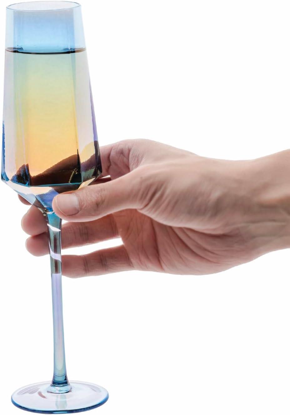 imageMyGift Iridescent Angled Rim Champagne Flute Set of 4 Sparkling Wine Stemless Glasses Rainbow Transparent Prosecco Wine Glass Cocktail Mimosa Glass Set Holiday New Year Toasting blackIridescent