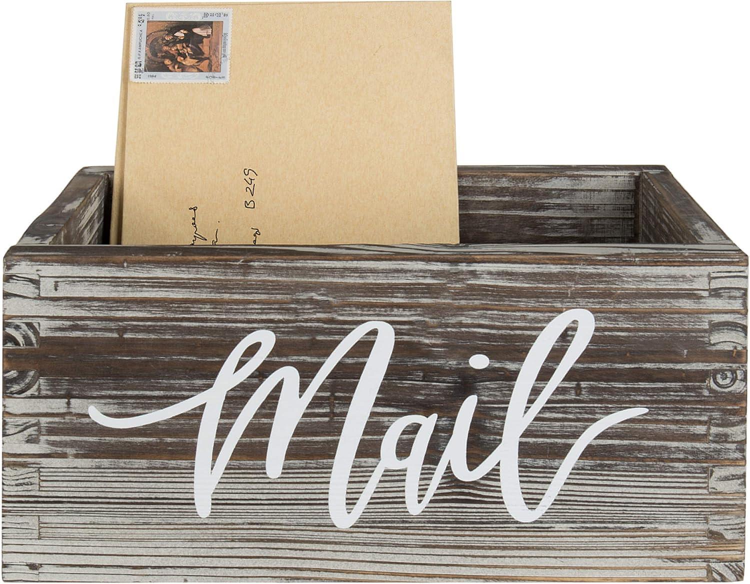 imageMyGift Mail Holder Storage Organizer Box Whitewashed Wood with MAIL Script Design Desktop Letters Bills Notes and Postcard Bin for Home Office Dorm RoomTorched Brown