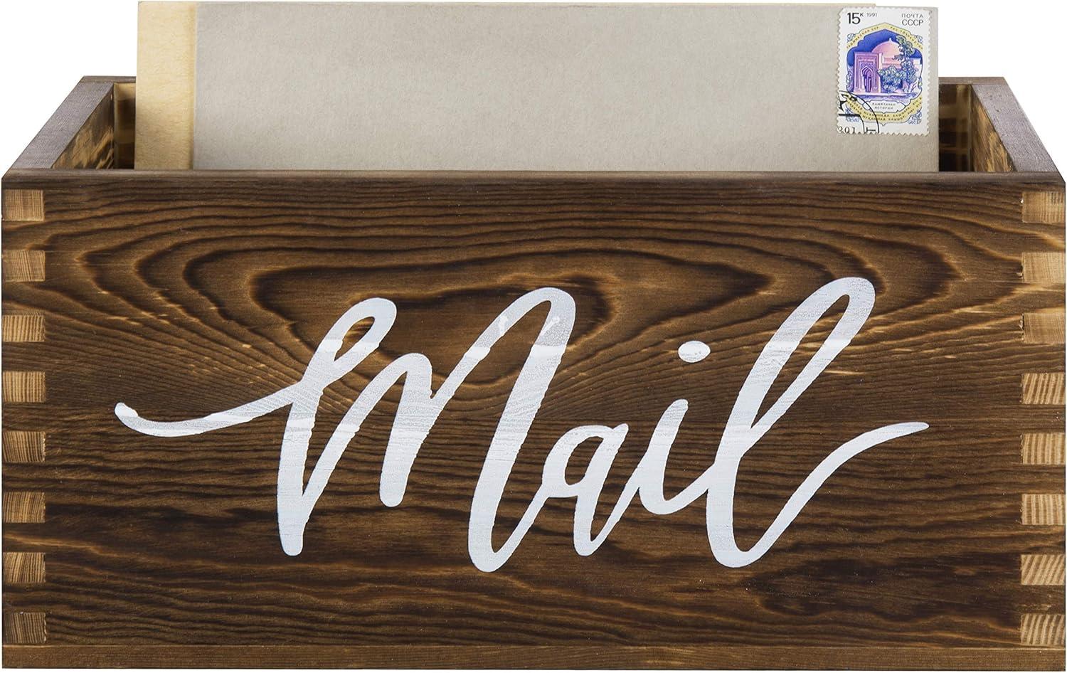 imageMyGift Mail Holder Storage Organizer Box Whitewashed Wood with MAIL Script Design Desktop Letters Bills Notes and Postcard Bin for Home Office Dorm RoomRustic Brown
