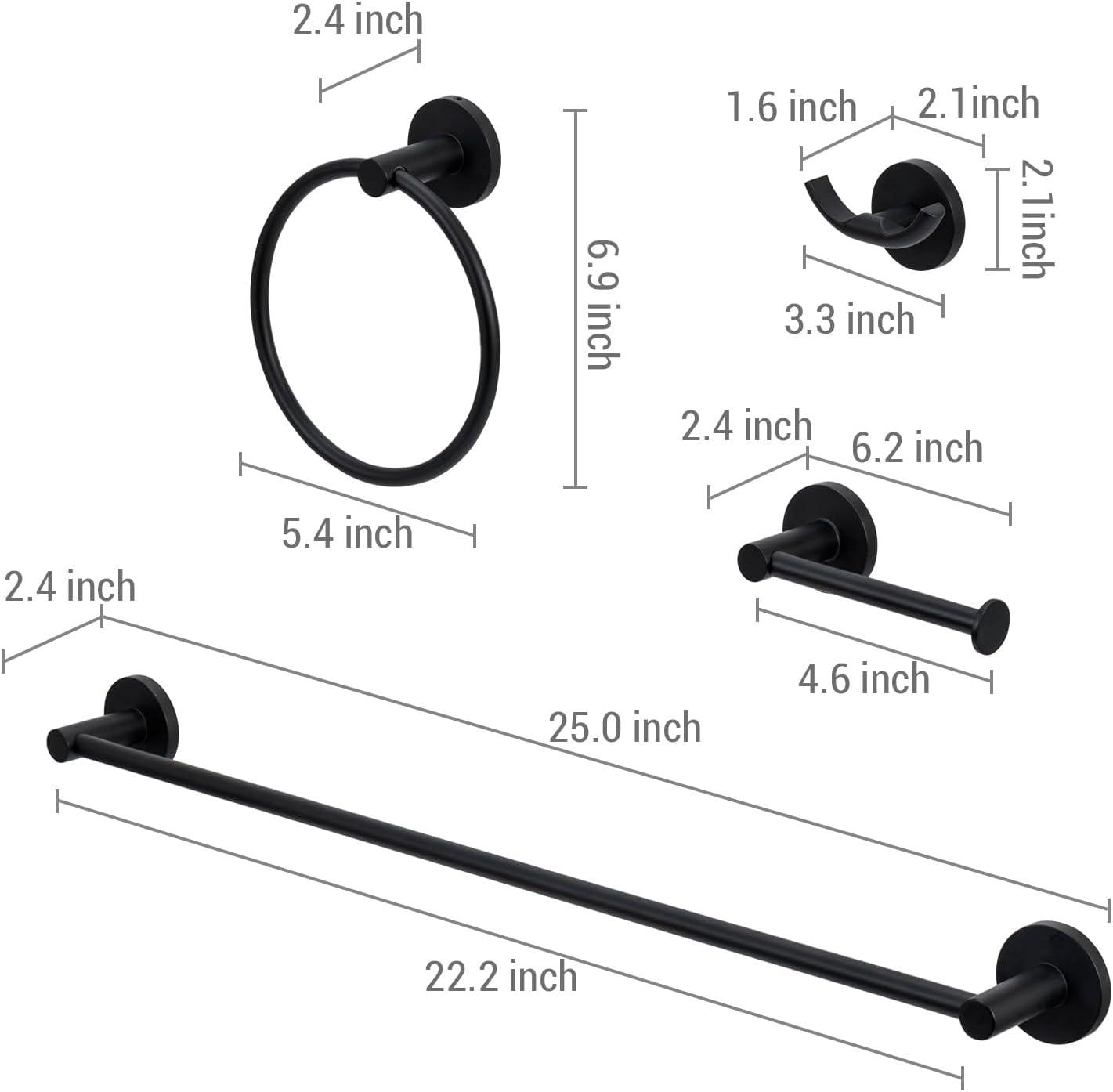 imageMyGift Matte Black Bathroom Hardware Set 4 Piece Ultra Modern Premium Hotel Series Stainless Steel Wall Mounted 25 Inch Bath Towel Bar Hand Towel Ring Toilet Paper Holder and Robe Hook