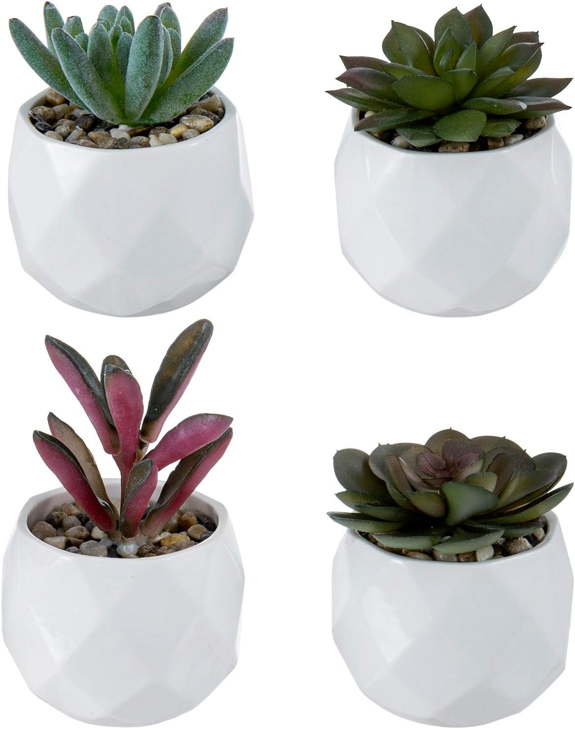 imageMyGift Miniature Artificial Succulents Indoor Fake House Plants in Round White Geometric Ceramic Pots Set of 4White Set of 4