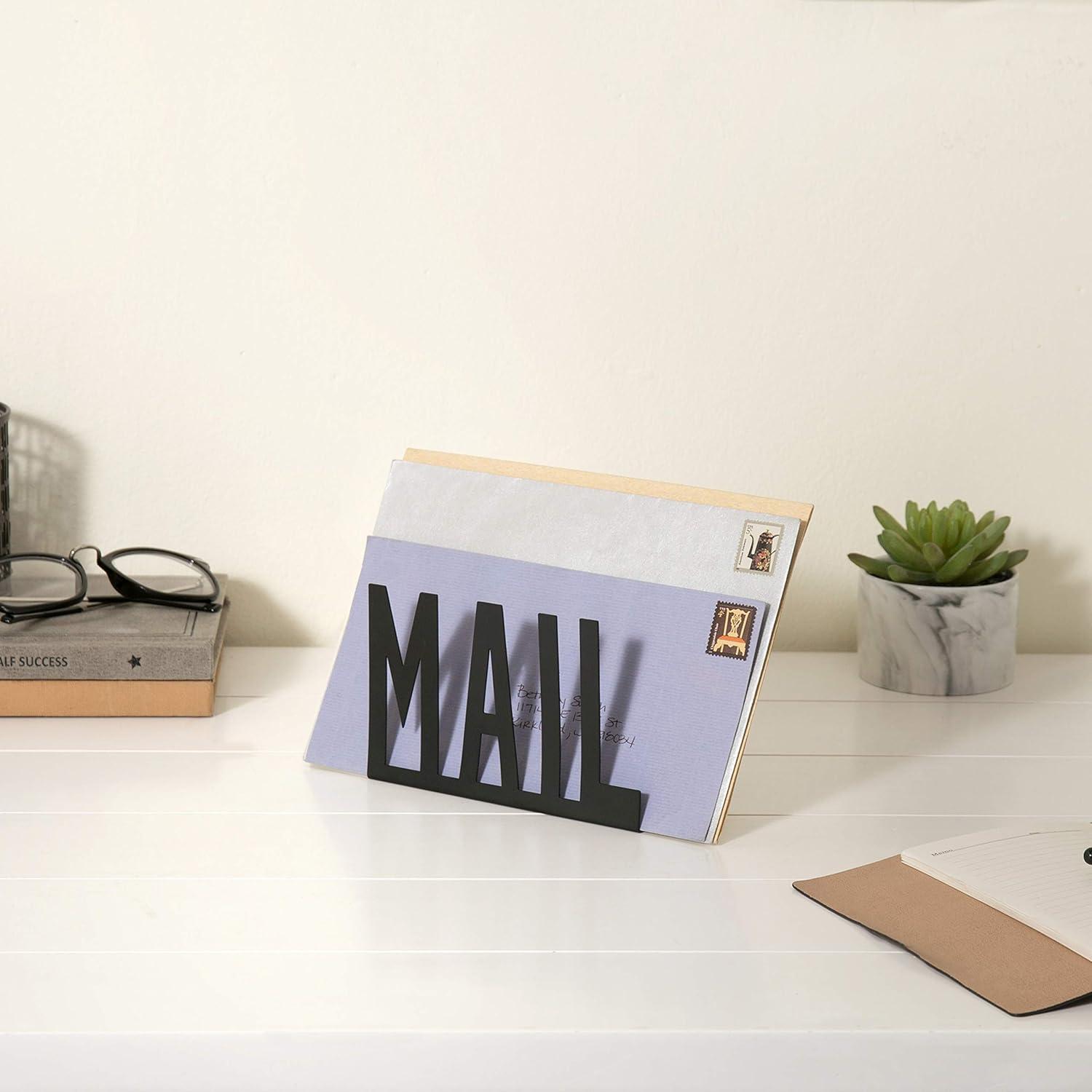 imageMyGift Modern Black Metal Mail Holder Countertop Organizer with Cutout Mail Lettering Design Office Desktop Envelope and Document Storage RackBlack
