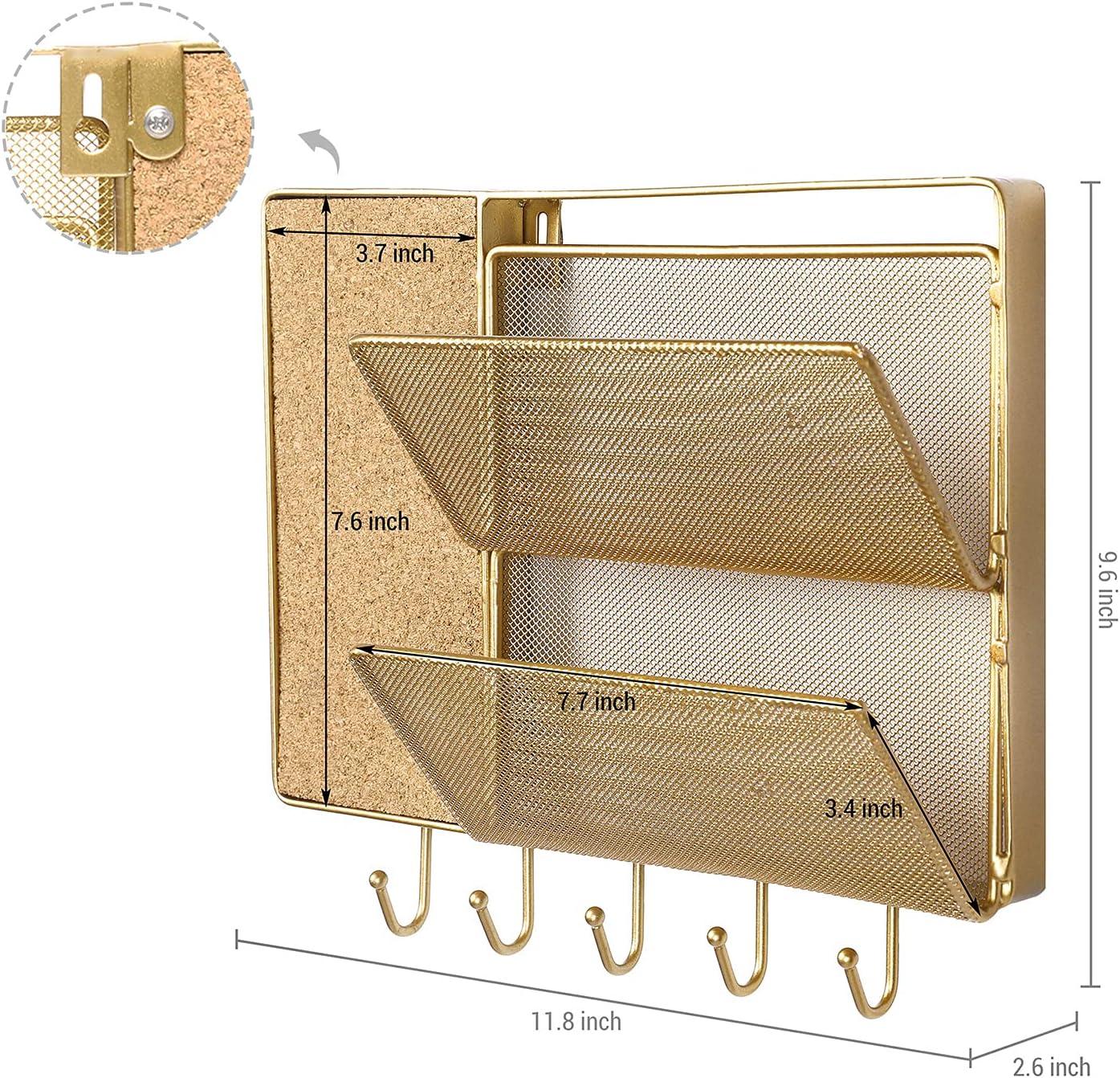 imageMyGift Modern Gold Metal Mesh Entryway Wall Organizer Command Center Cork Board Rack Includes 5 Key Hooks and 2 Mail Sorter Slots