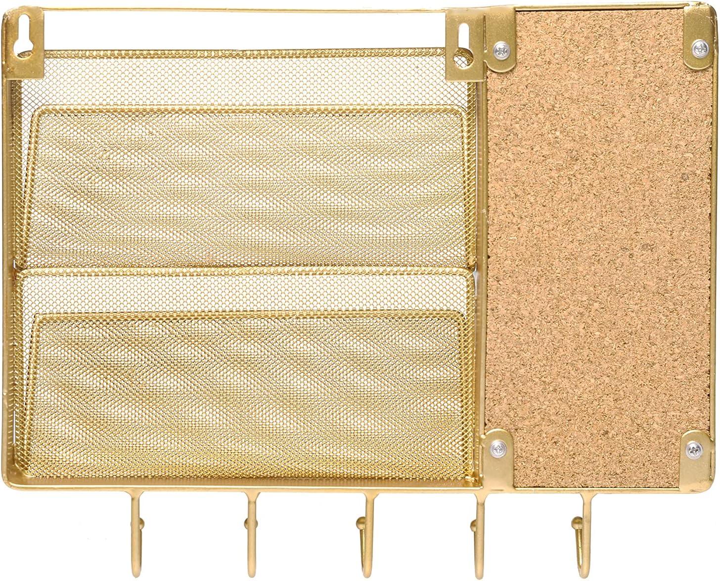 imageMyGift Modern Gold Metal Mesh Entryway Wall Organizer Command Center Cork Board Rack Includes 5 Key Hooks and 2 Mail Sorter Slots