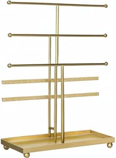 imageMyGift Modern Jewelry Organizer 3 Tier Black Metal Tabletop Bracelet and Necklace Jewelry Storage Display Tree Rack with Base Ring TrayGold
