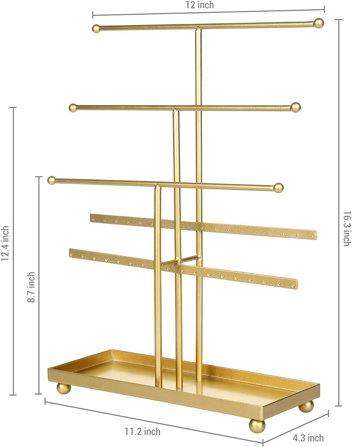 imageMyGift Modern Jewelry Organizer 3 Tier Black Metal Tabletop Bracelet and Necklace Jewelry Storage Display Tree Rack with Base Ring TrayGold