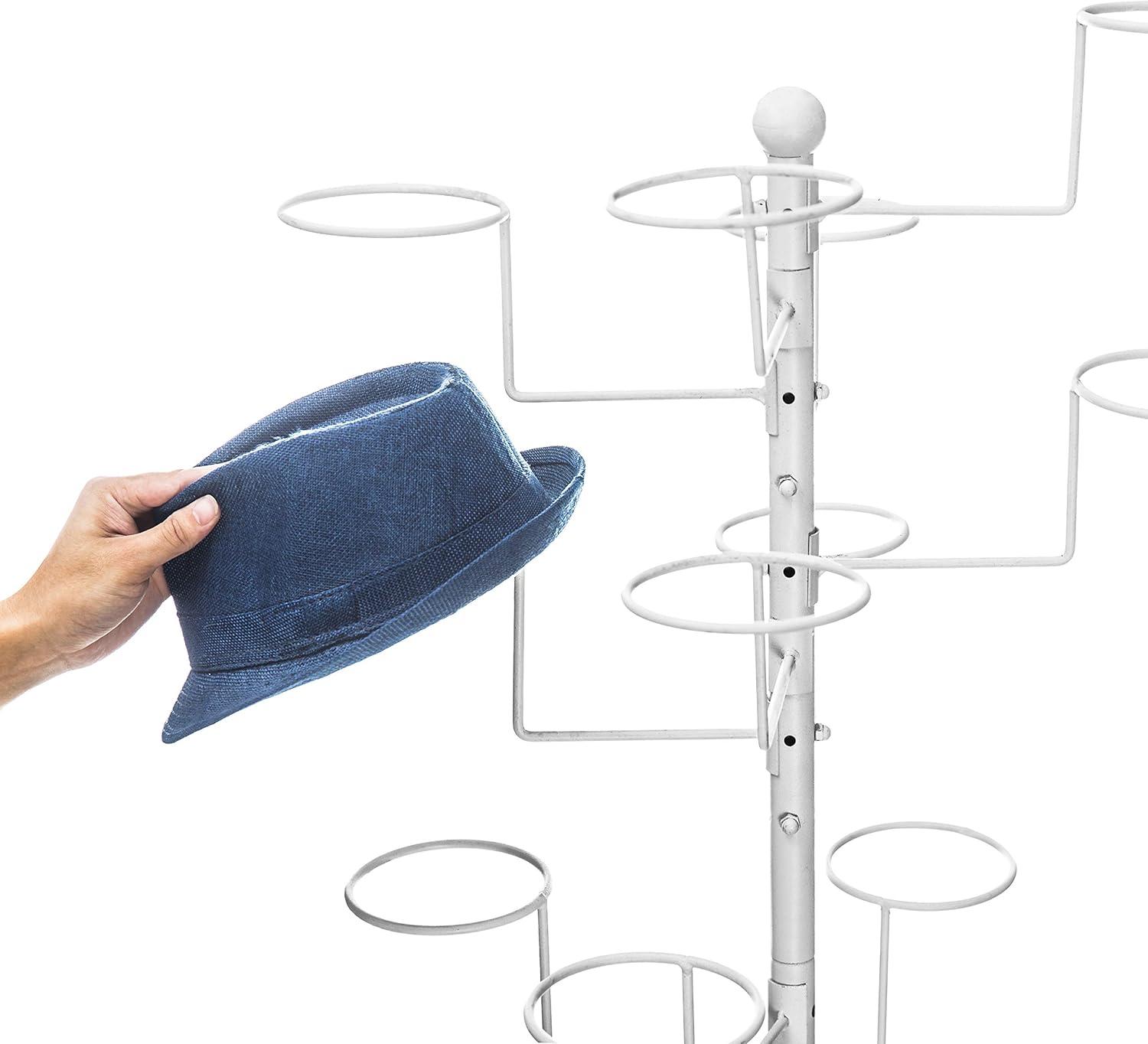 imageMyGift Modern Large Commercial Freestanding Hat Rack Display for Retail Store Black Metal Wig Storage or Hat Stand for Multiple Hats and Baseball Caps with 20 Customizable Circular HooksWhite
