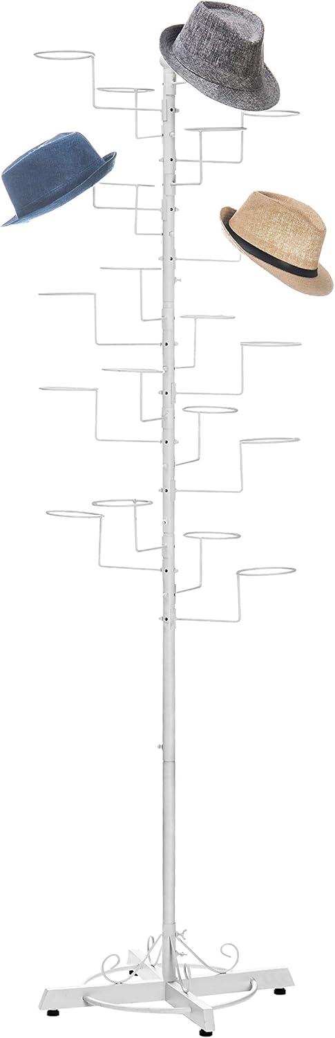 imageMyGift Modern Large Commercial Freestanding Hat Rack Display for Retail Store Black Metal Wig Storage or Hat Stand for Multiple Hats and Baseball Caps with 20 Customizable Circular HooksWhite