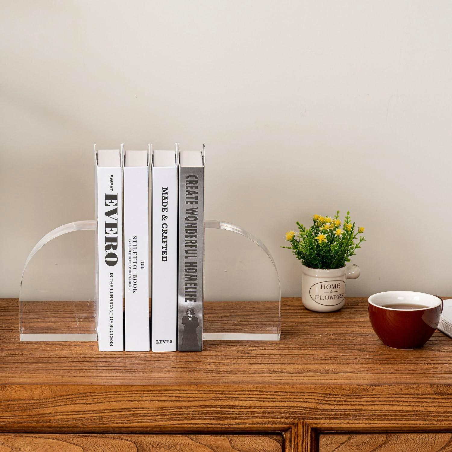 imageMyGift Modern Luxury Hotel Style Premium Clear Acrylic Bookends in Arc Quadrant Shape Decorative Heavy Duty Book End Holder for Office Desk or Bookshelf Stopper 1 Pair