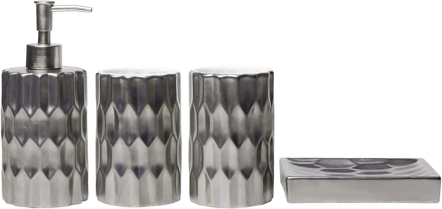 imageMyGift Modern Metallic Silver Ceramic Bathroom Accessory Set with Embossed Design Soap Dish Tumbler Cup Toothbrush Holders and Pump Dispenser