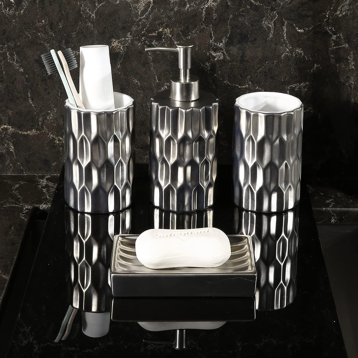 imageMyGift Modern Metallic Silver Ceramic Bathroom Accessory Set with Embossed Design Soap Dish Tumbler Cup Toothbrush Holders and Pump Dispenser