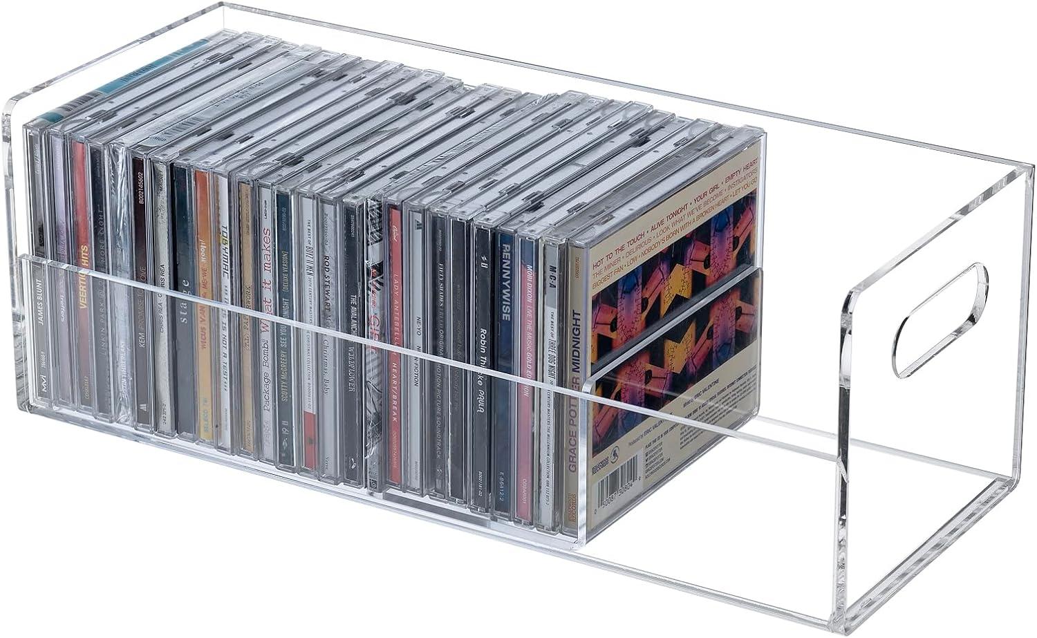 imageMyGift Modern Premium Clear Acrylic Stackable CD Holder Racks with Cutout Carrying Handles Compact Disc Jewel Case Display Crates Media Storage Organizers Set of 2Clear