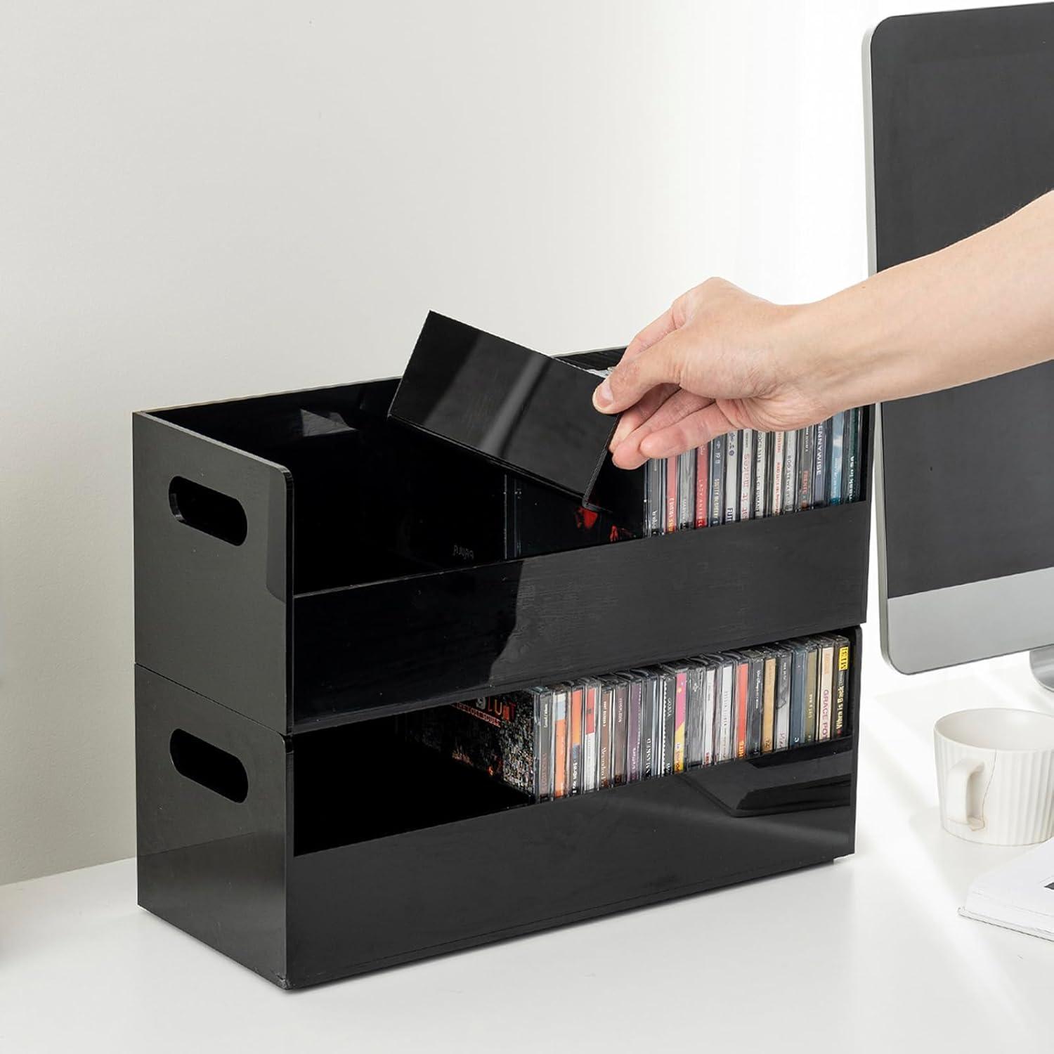 imageMyGift Modern Premium Clear Acrylic Stackable CD Holder Racks with Cutout Carrying Handles Compact Disc Jewel Case Display Crates Media Storage Organizers Set of 2Black