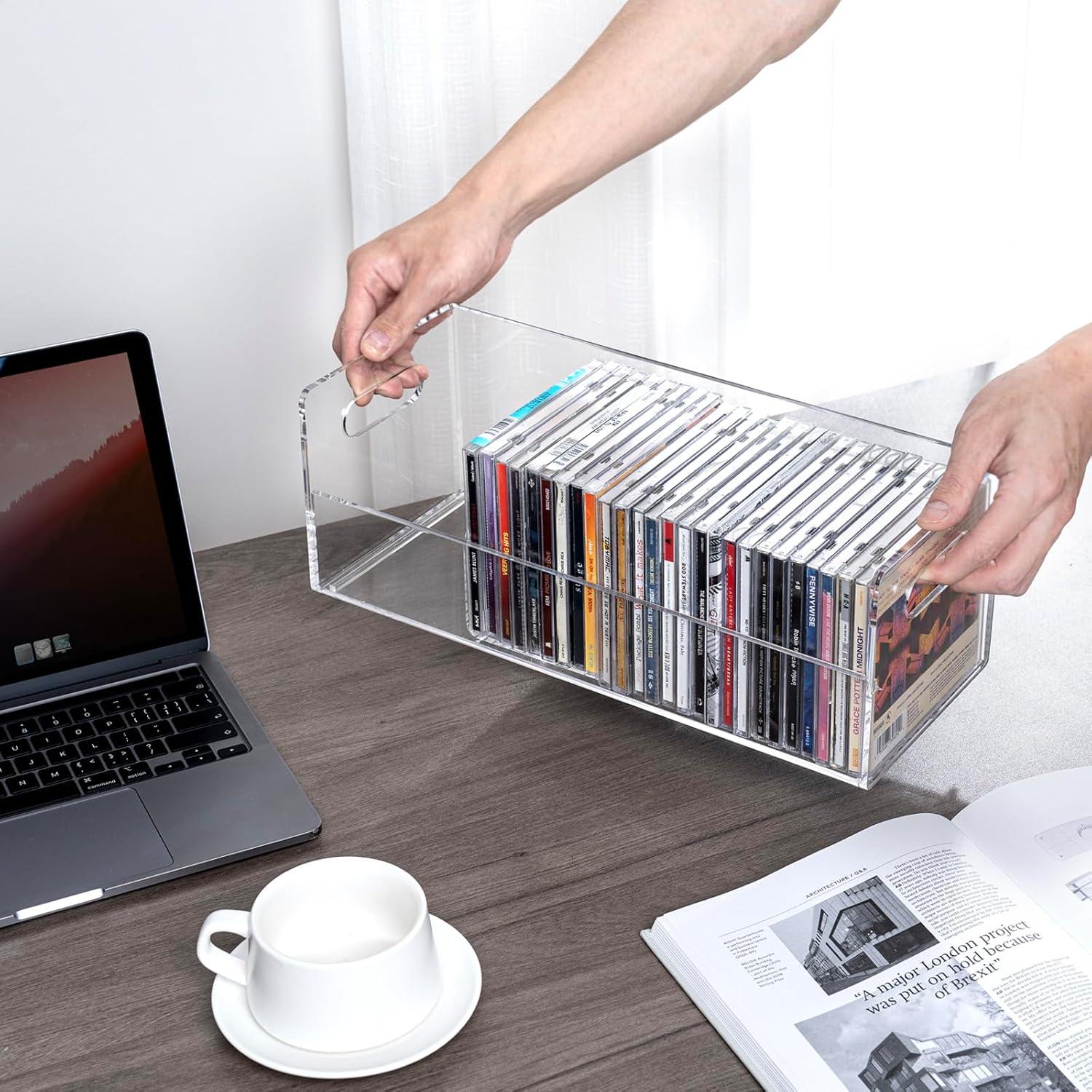 imageMyGift Modern Premium Clear Acrylic Stackable CD Holder Racks with Cutout Carrying Handles Compact Disc Jewel Case Display Crates Media Storage Organizers Set of 2Clear