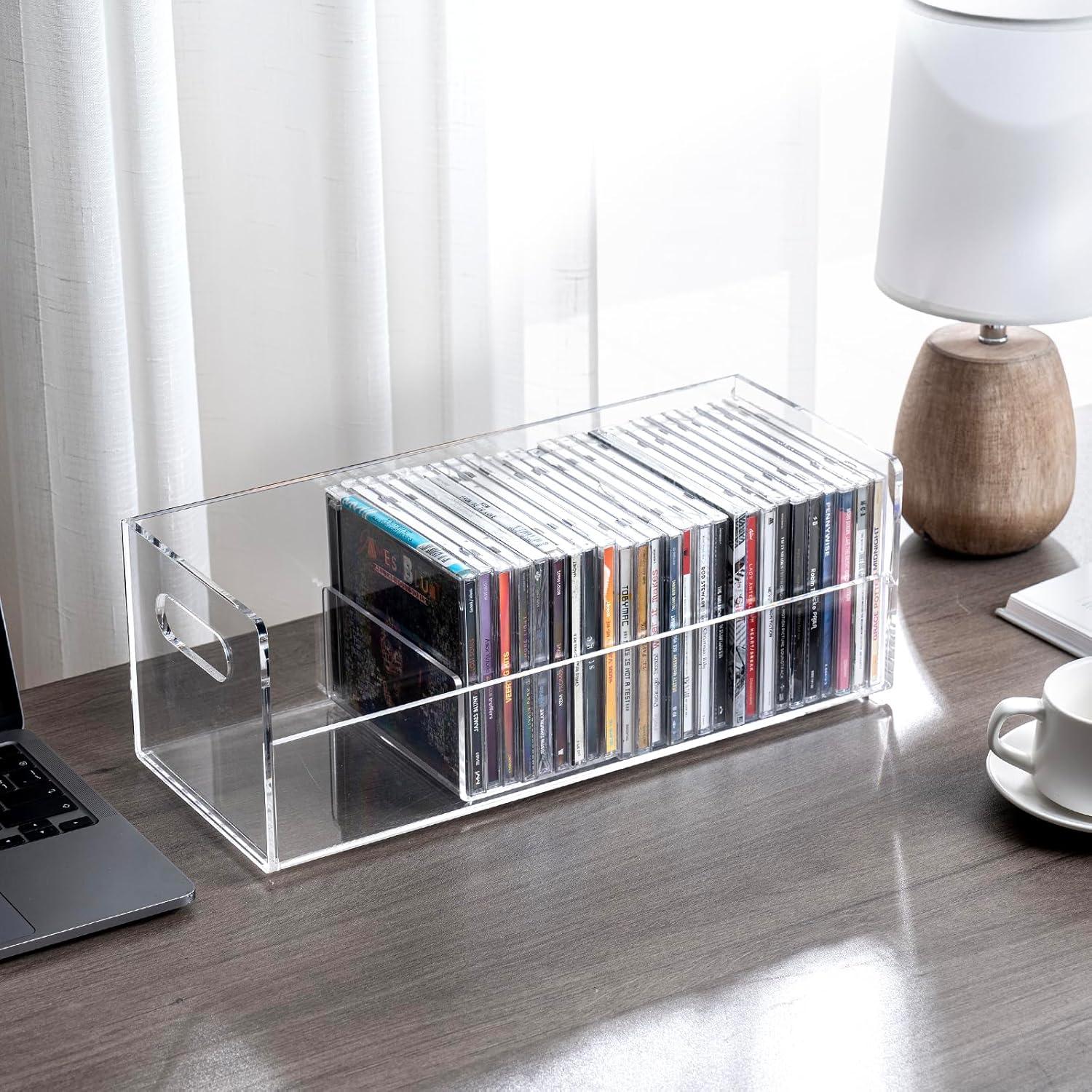 imageMyGift Modern Premium Clear Acrylic Stackable CD Holder Racks with Cutout Carrying Handles Compact Disc Jewel Case Display Crates Media Storage Organizers Set of 2Clear
