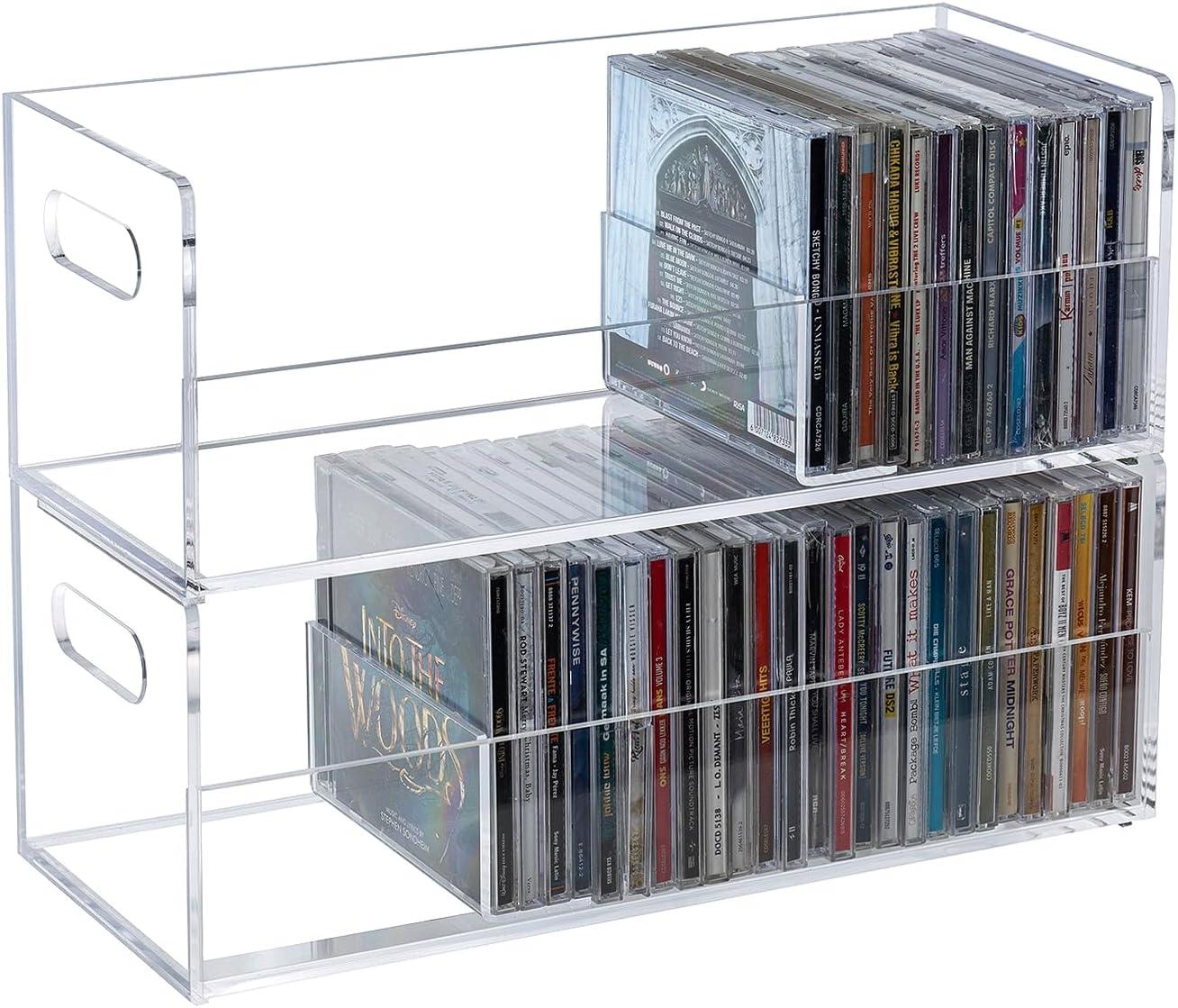 imageMyGift Modern Premium Clear Acrylic Stackable CD Holder Racks with Cutout Carrying Handles Compact Disc Jewel Case Display Crates Media Storage Organizers Set of 2Clear