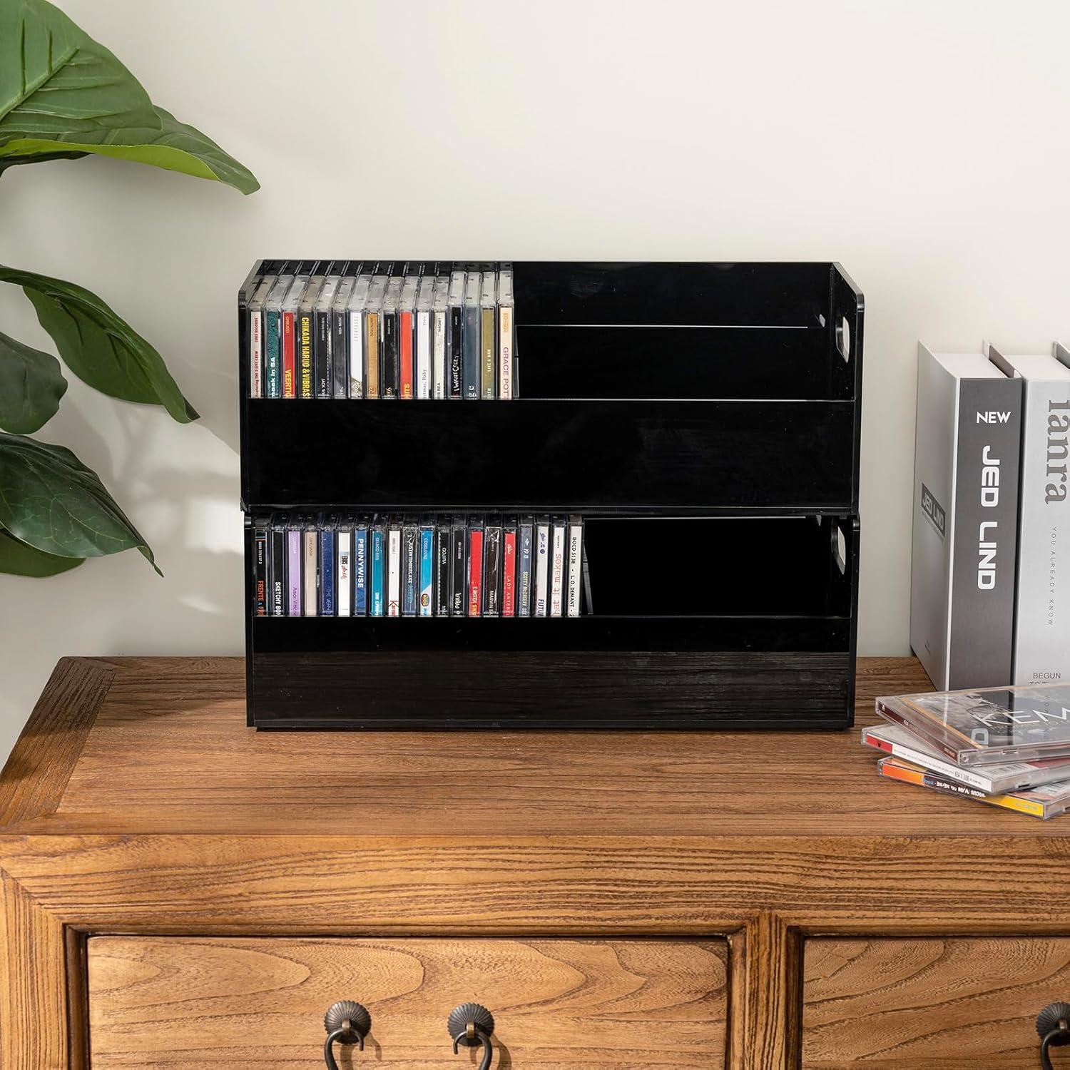 imageMyGift Modern Premium Clear Acrylic Stackable CD Holder Racks with Cutout Carrying Handles Compact Disc Jewel Case Display Crates Media Storage Organizers Set of 2Black