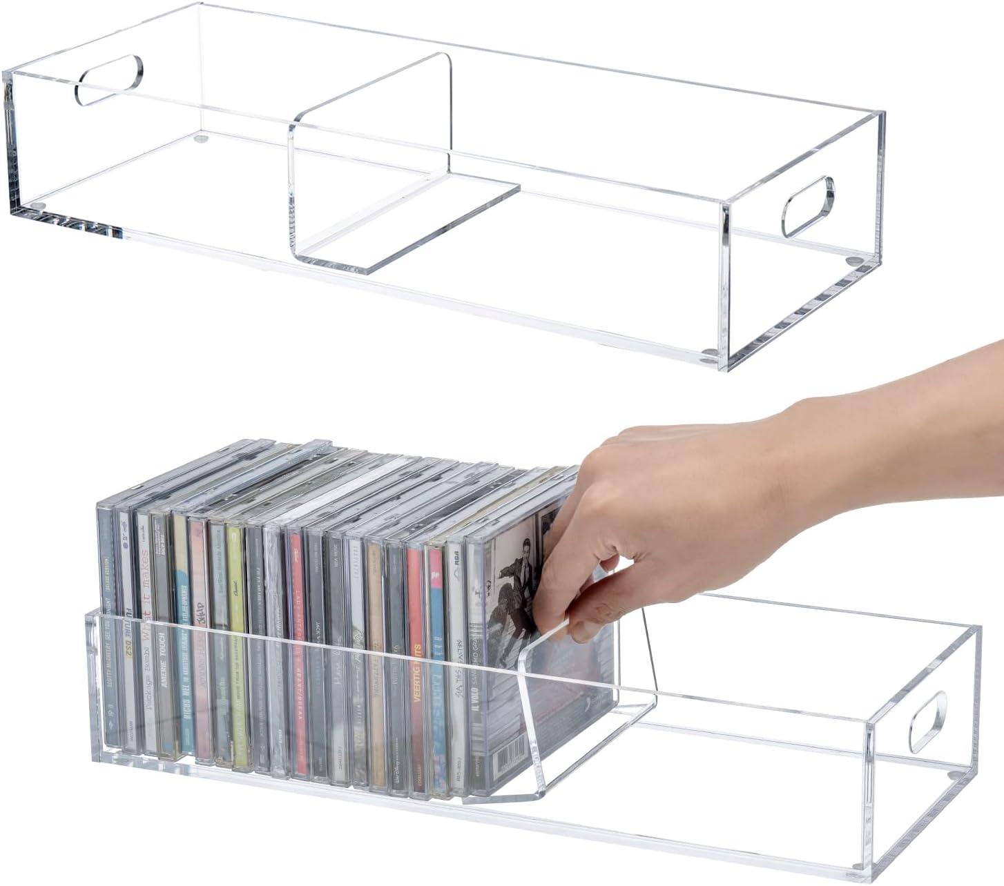 imageMyGift Modern Premium Clear Acrylic Stackable CD Holder Racks with Cutout Carrying Handles Compact Disc Jewel Case Display Crates Media Storage Organizers Set of 2Clear