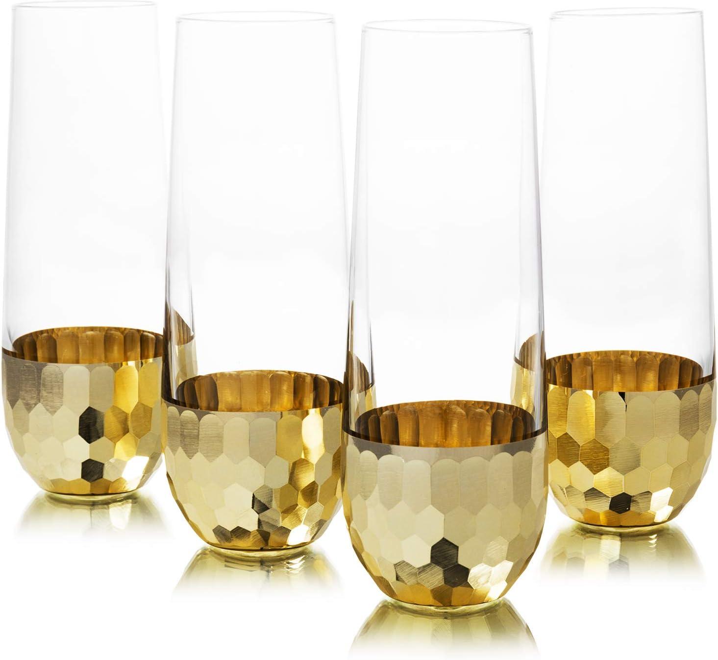 imageMyGift Modern Stemless Champagne Flute Glass Set of 4 Party Drinkware Cocktails Prosecco Mimosa Glasses with Hammered Brass Plated BottomsBrass