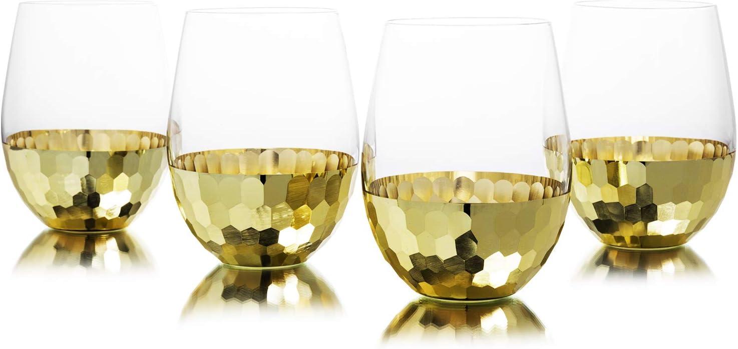imageMyGift Modern Stemless Champagne Flute Glass Set of 4 Party Drinkware Cocktails Prosecco Mimosa Glasses with Hammered Brass Plated BottomsBrassShort