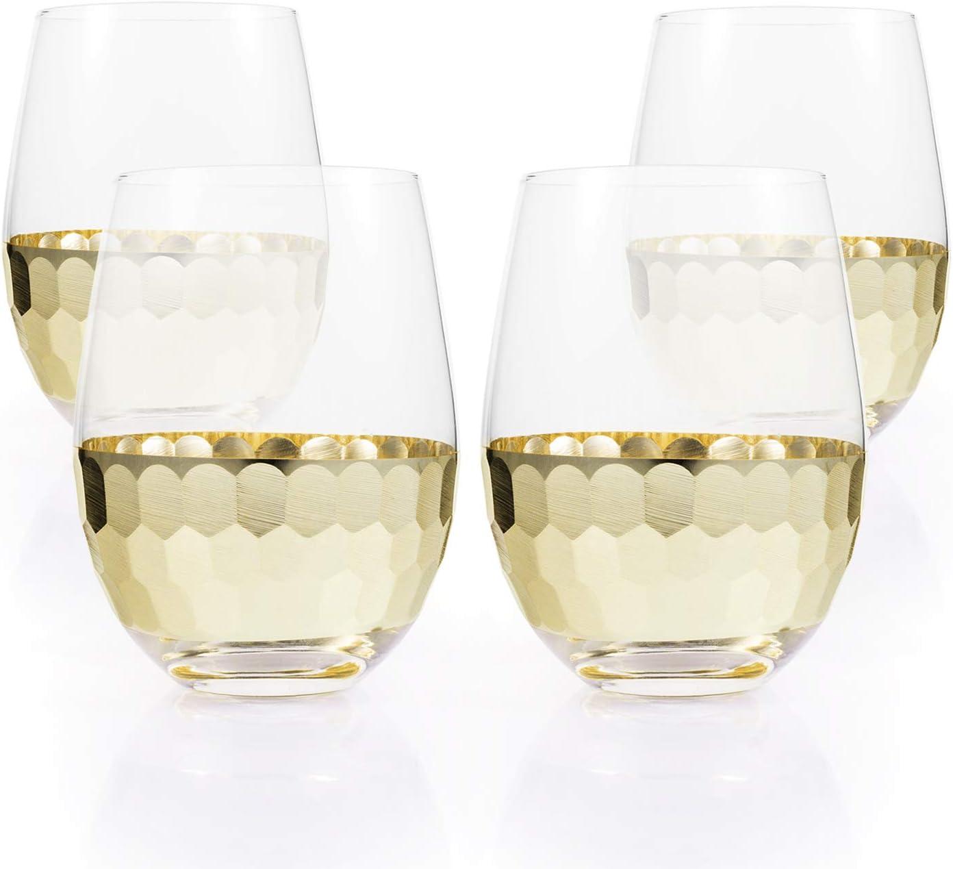 imageMyGift Modern Stemless Champagne Flute Glass Set of 4 Party Drinkware Cocktails Prosecco Mimosa Glasses with Hammered Brass Plated BottomsGoldShort