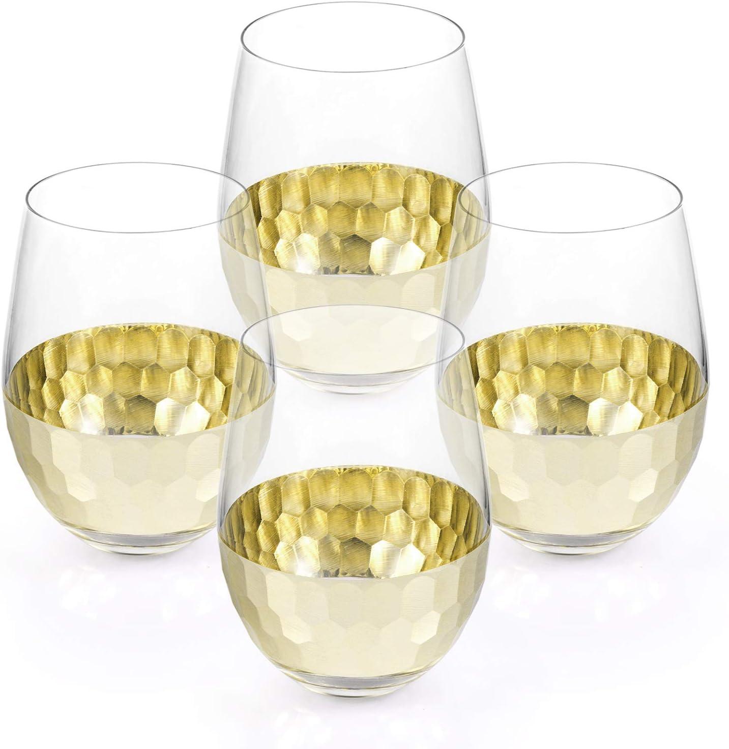 imageMyGift Modern Stemless Champagne Flute Glass Set of 4 Party Drinkware Cocktails Prosecco Mimosa Glasses with Hammered Brass Plated BottomsGoldShort