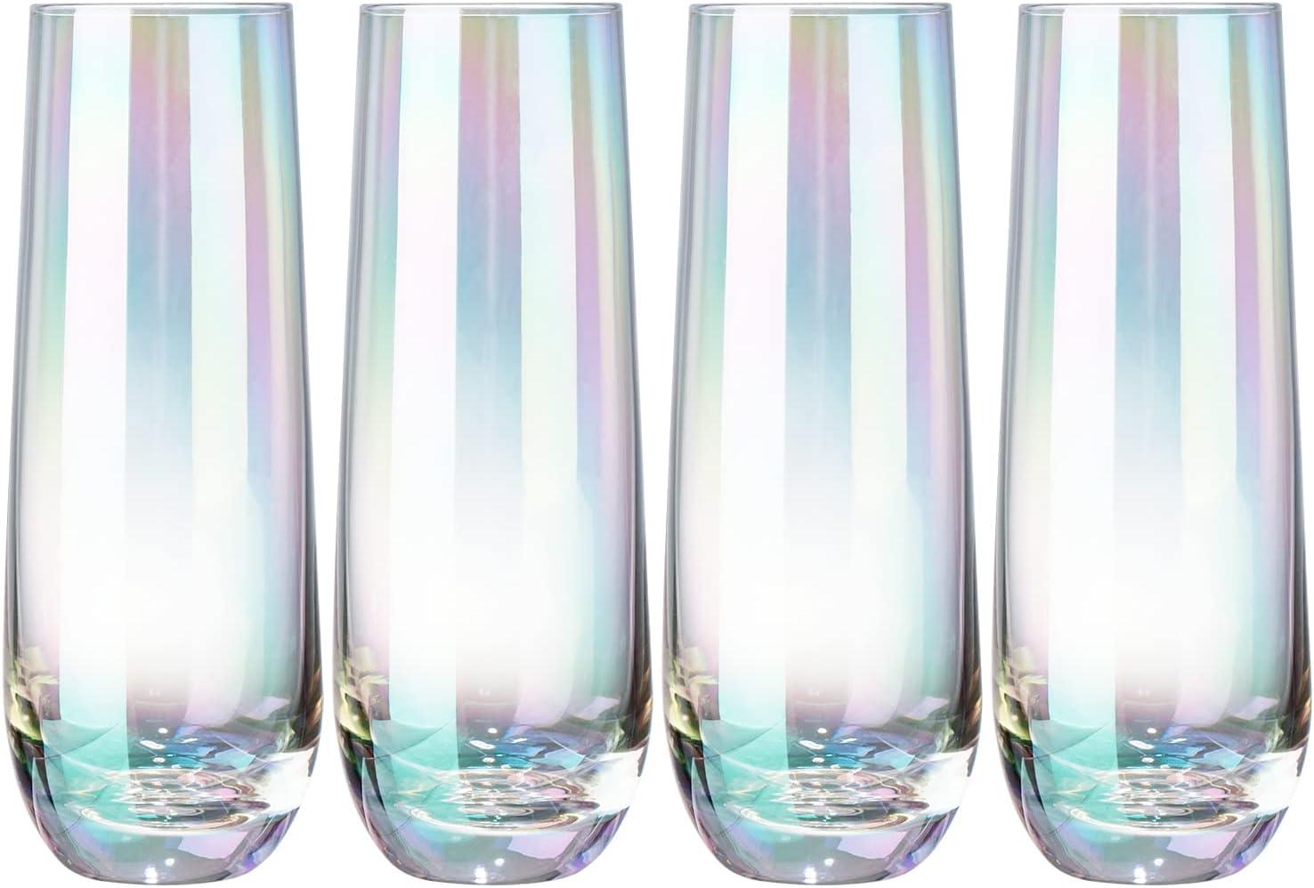 imageMyGift Modern Stemless Champagne Flute Glass Set of 4 Party Drinkware Cocktails Prosecco Mimosa Glasses with Hammered Brass Plated BottomsIridescent