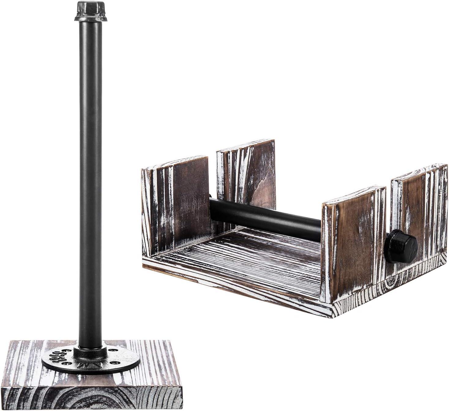imageMyGift Paper Towel Holder Metal Under Cabinet Paper Towel Holder Industrial Pipe Matte Black Wall Mounted Kitchen Towel RackTorched Wood