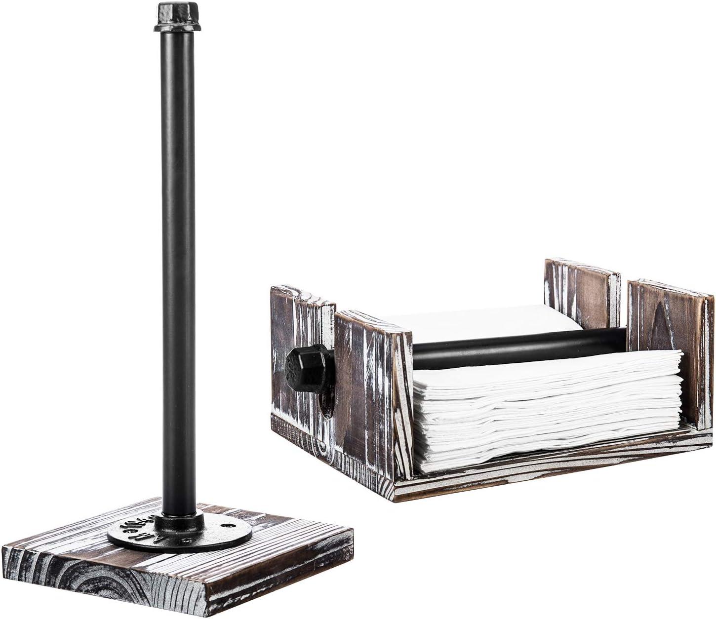 imageMyGift Paper Towel Holder Metal Under Cabinet Paper Towel Holder Industrial Pipe Matte Black Wall Mounted Kitchen Towel RackTorched Wood