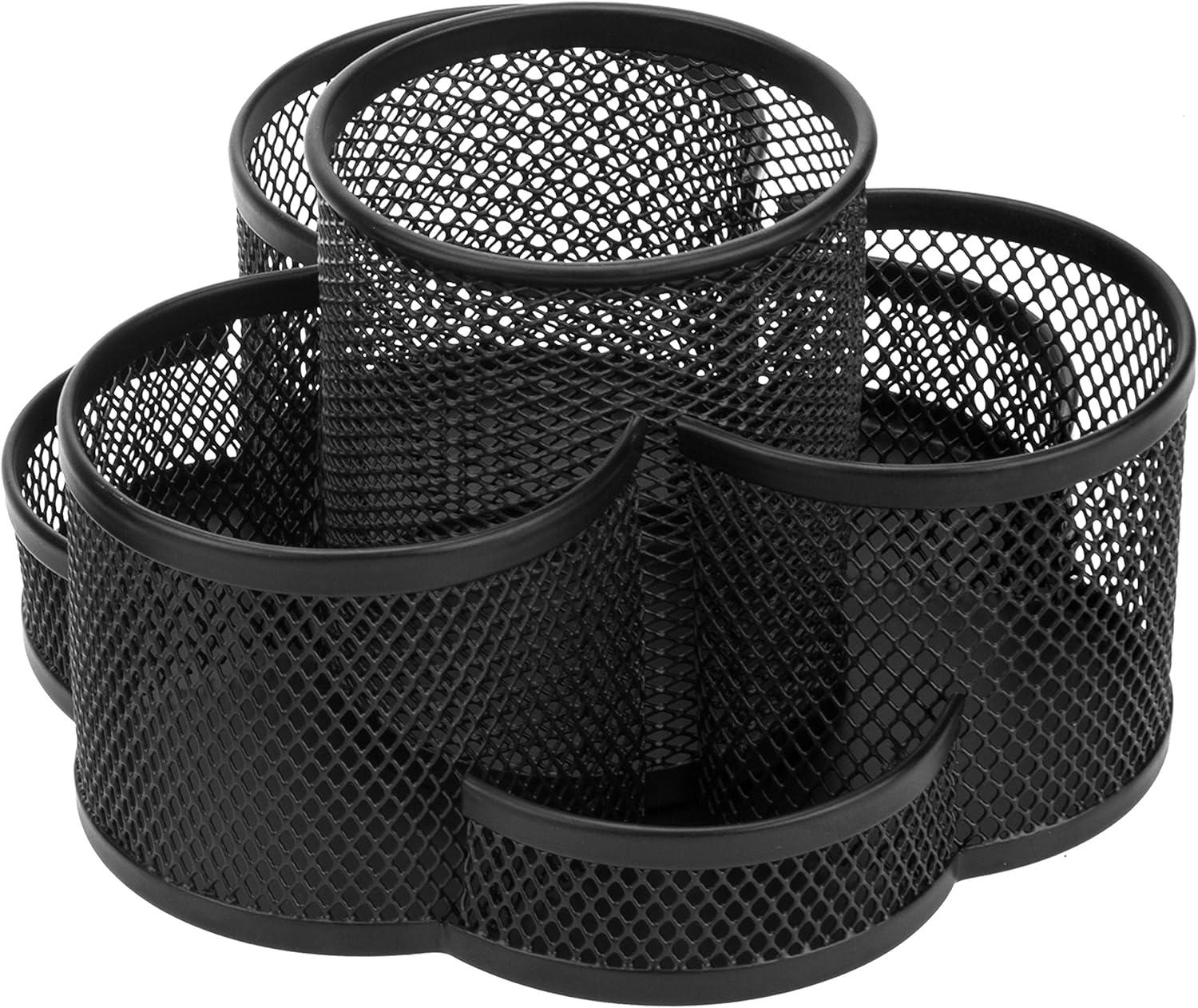imageMyGift Rotating Black Metal Mesh Desktop Office Supplies Caddy with 7 Compartment for Pens Pencils Scissors and Accessories Black