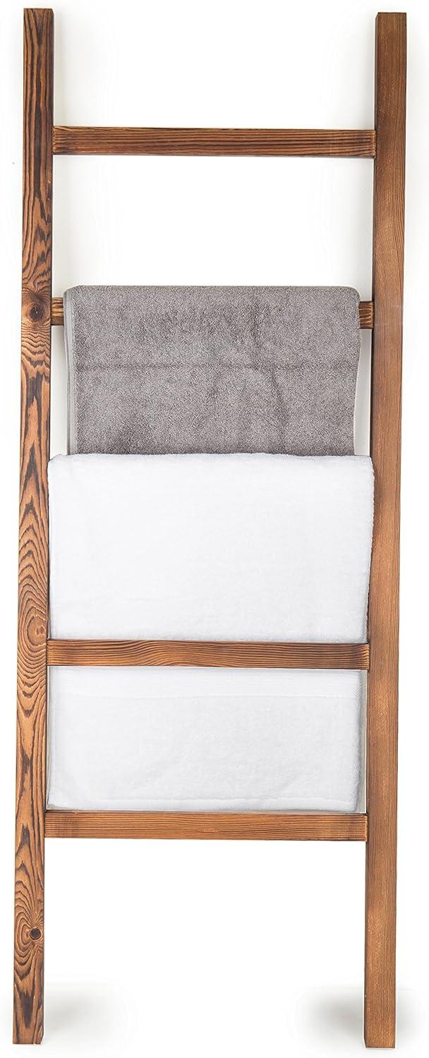 imageMyGift Rustic Brown Wood 4 ft Leaning Towel Ladder Rack for Bathroom Storage with 5 Hanging Rungs Farmhouse Style Blanket and Quilt Display LadderBrown