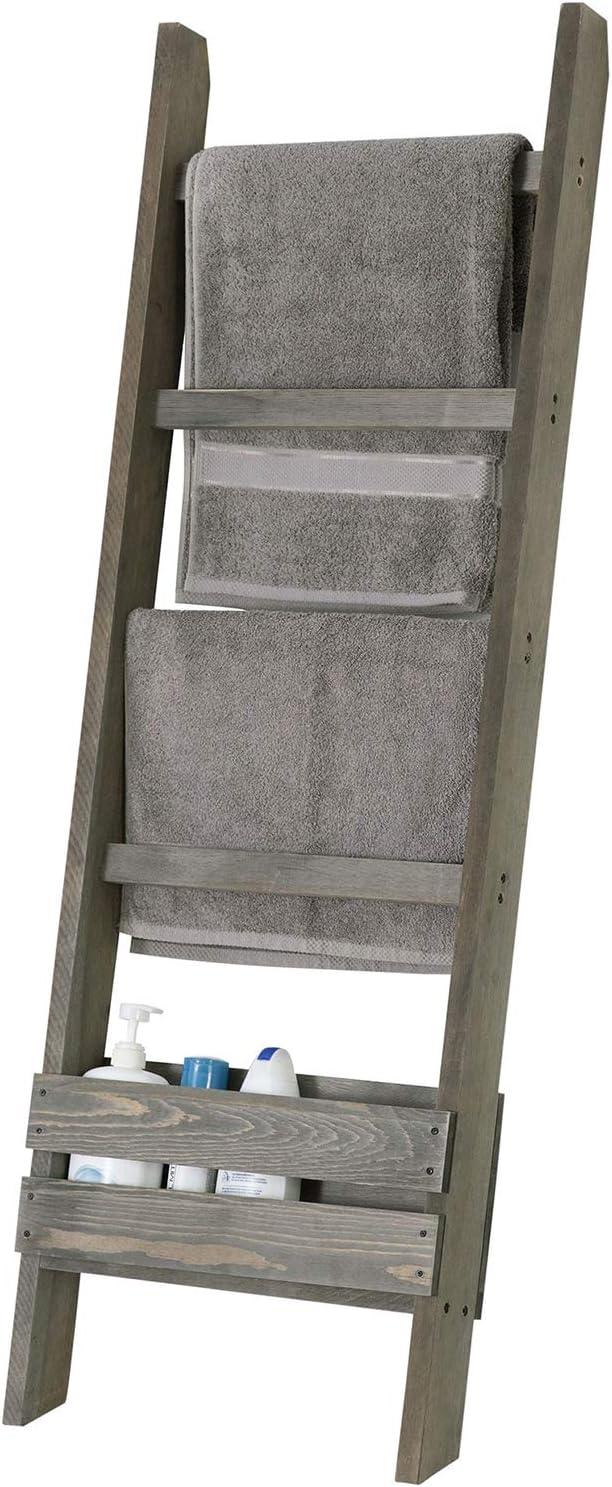 imageMyGift Rustic Brown Wood 4 ft Leaning Towel Ladder Rack for Bathroom Storage with 5 Hanging Rungs Farmhouse Style Blanket and Quilt Display LadderGray