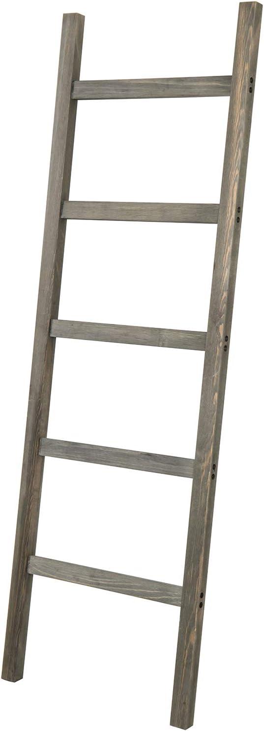 imageMyGift Rustic Brown Wood 4 ft Leaning Towel Ladder Rack for Bathroom Storage with 5 Hanging Rungs Farmhouse Style Blanket and Quilt Display LadderRustic Gray