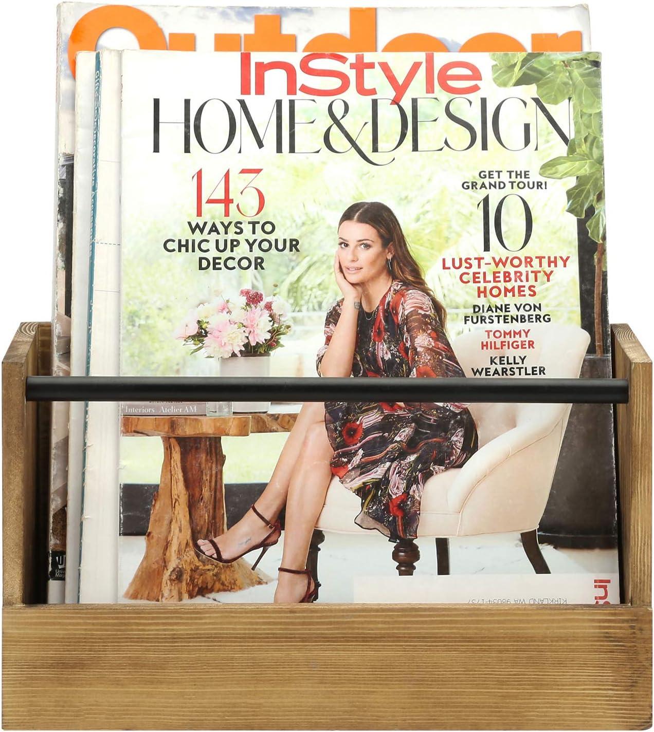 imageMyGift Rustic Burnt Wood Magazine Rack with Industrial Black Metal Pipe Wall Mounted Magazine Newspaper Brochure Holder Display Organizer for Home Office Waiting Room