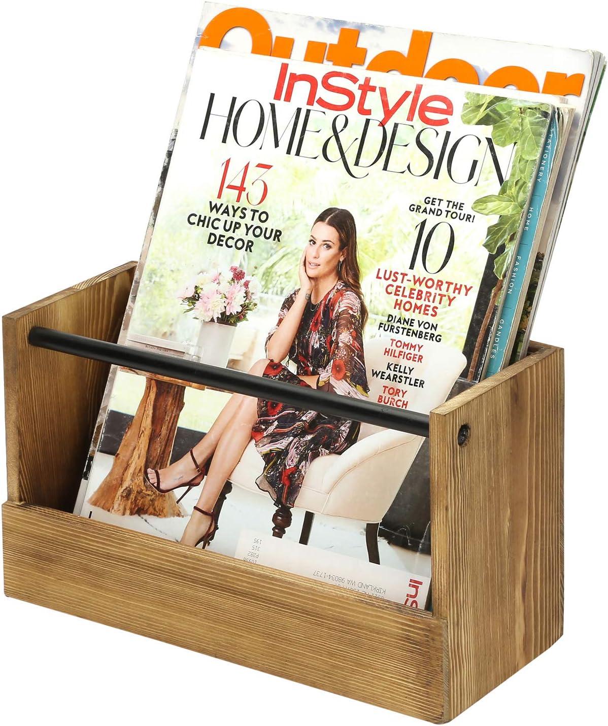 imageMyGift Rustic Burnt Wood Magazine Rack with Industrial Black Metal Pipe Wall Mounted Magazine Newspaper Brochure Holder Display Organizer for Home Office Waiting Room