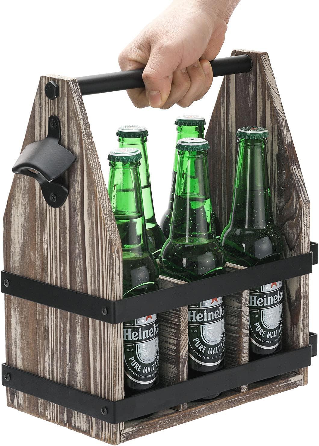 imageMyGift Rustic Solid Torched Wood 6 Slot Beverage Bottle Carrier Beer Caddy with Napkin Holder BuiltIn Bottle Opener and Black Metal Side Accents