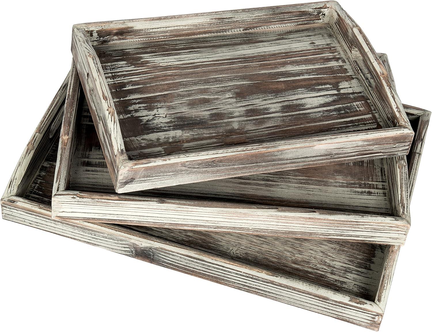 imageMyGift Rustic Solid Torched Wood Serving Trays Stylish Decorative Tray Nesting Breakfast Ottoman Coffee Table Tray with Handles 3Piece SetTorched Wood