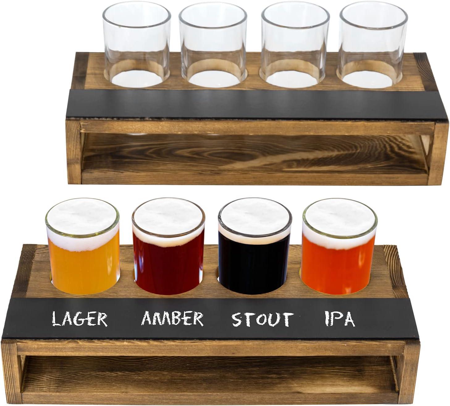 imageMyGift Rustic Solid Wood Sampler Tray Beer Flight Holder Serving Set with 4 Glasses and Erasable Chalkboard Label Brown Solid WoodBurnt Wood2