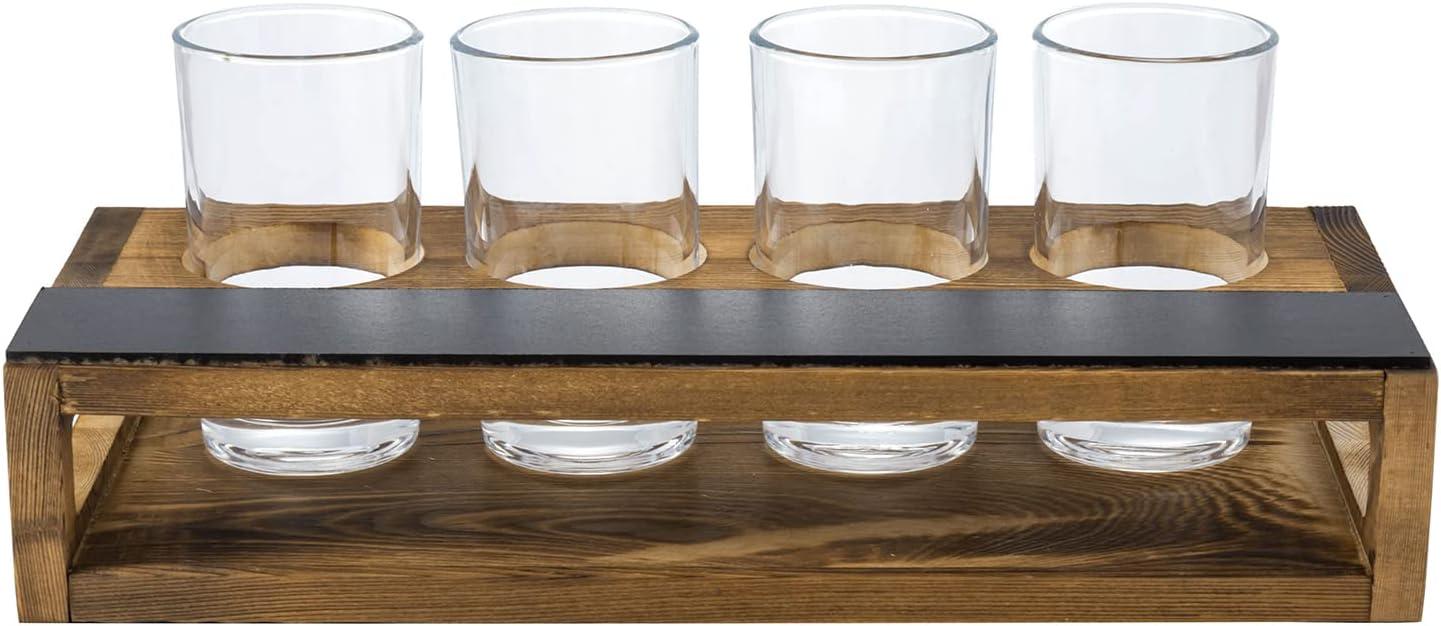 imageMyGift Rustic Solid Wood Sampler Tray Beer Flight Holder Serving Set with 4 Glasses and Erasable Chalkboard Label Brown Solid WoodBurnt Wood2