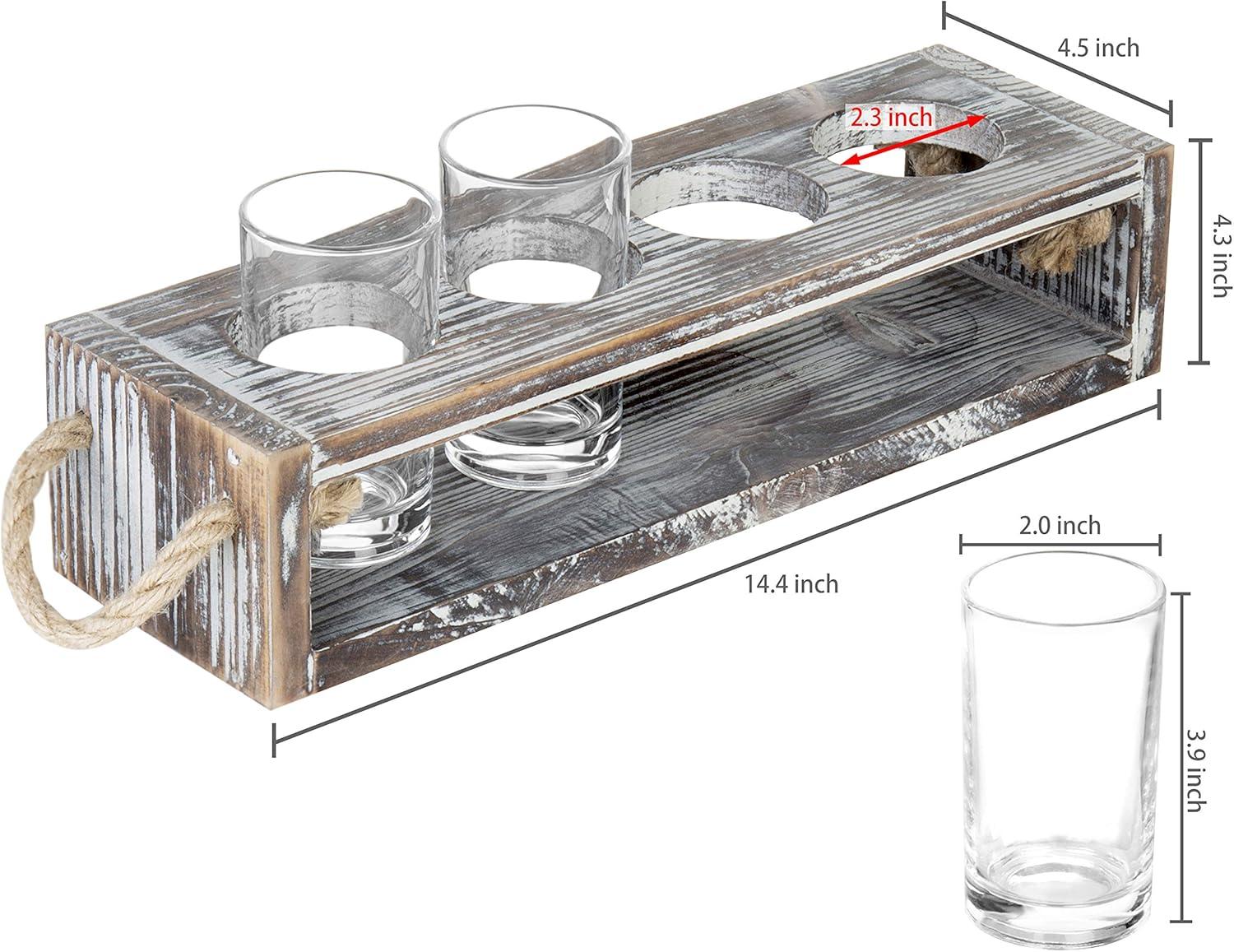 imageMyGift Rustic Solid Wood Sampler Tray Beer Flight Holder Serving Set with 4 Glasses and Erasable Chalkboard Label Brown Solid WoodTorched