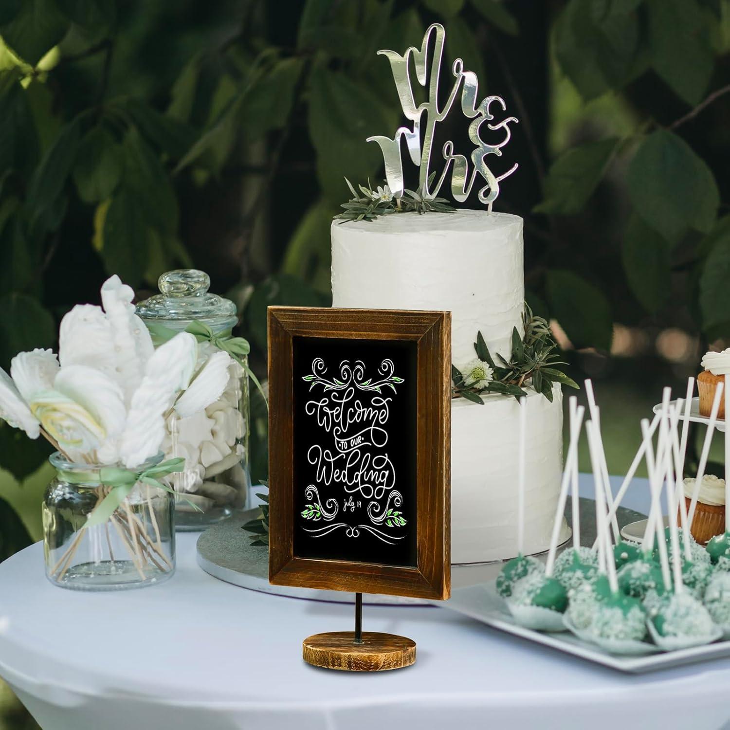 imageMyGift Set of 2 12 Inch Chalkboard Sign with Burnt Wood Rectangular Frame and Round Base Rustic Wedding Table Place Card Signage Small Kitchen Countertop Memo BoardRustic Brown Set of 2