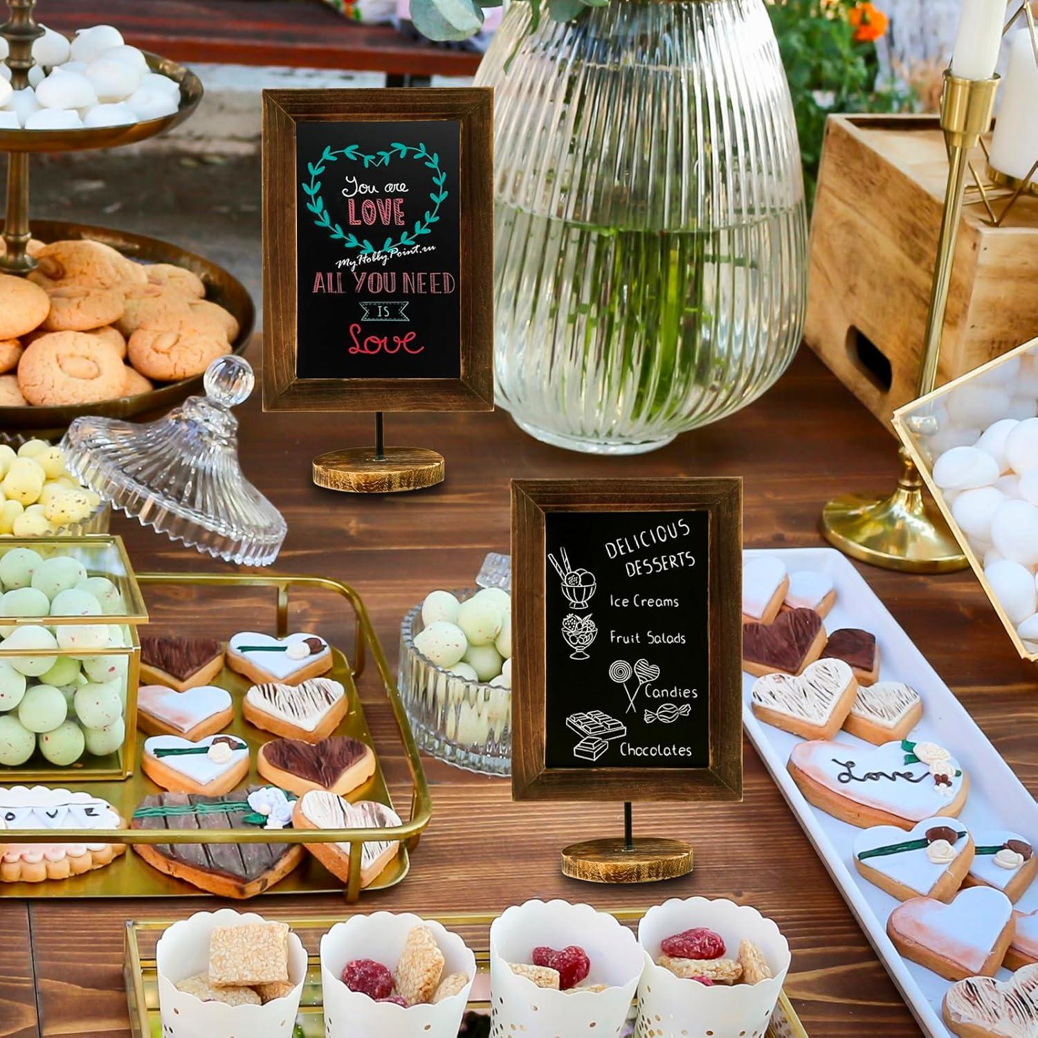 imageMyGift Set of 2 12 Inch Chalkboard Sign with Burnt Wood Rectangular Frame and Round Base Rustic Wedding Table Place Card Signage Small Kitchen Countertop Memo BoardRustic Brown Set of 2