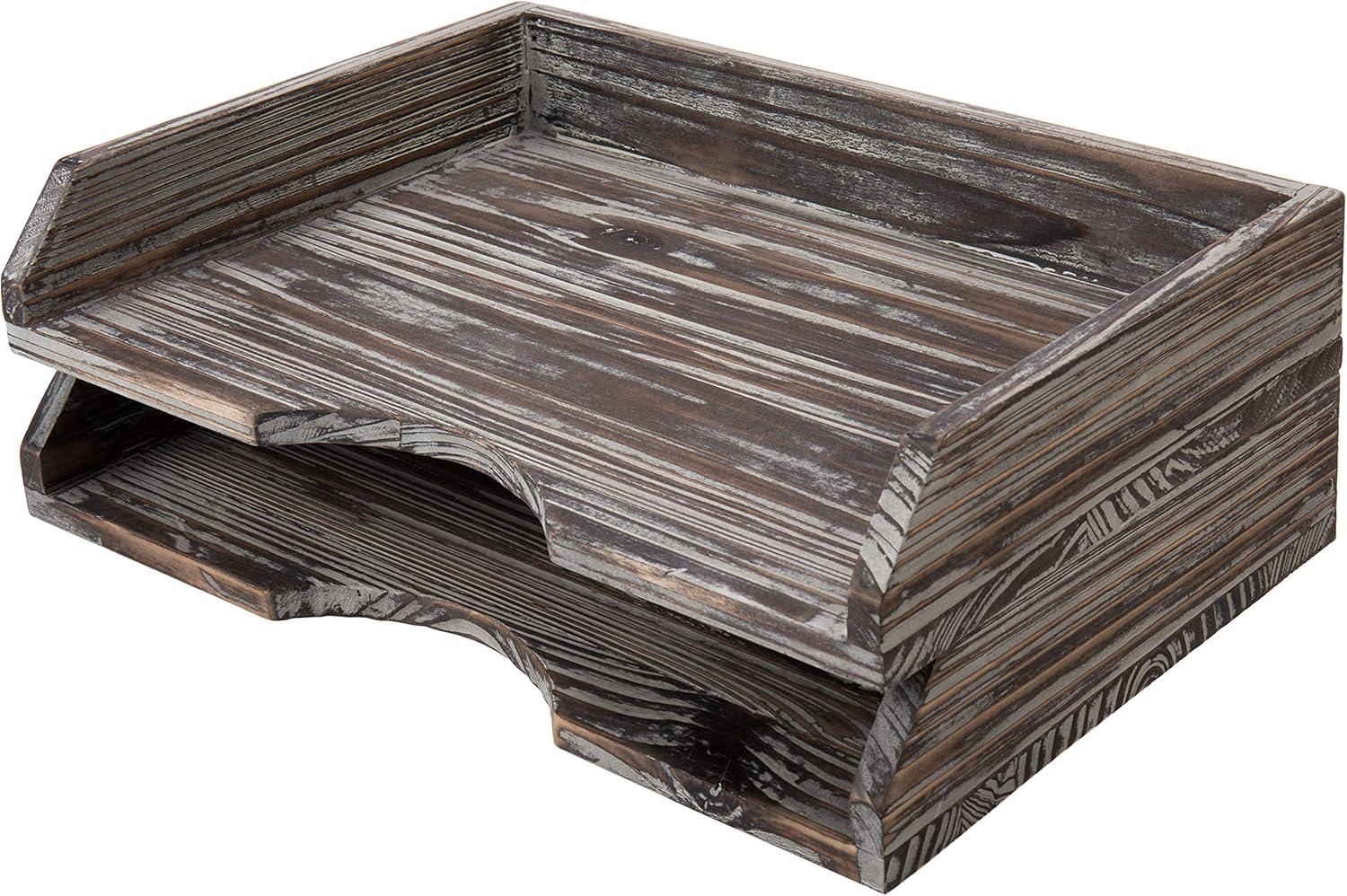 imageMyGift Set of 2 Torched Wood Stacking Desk Paper Tray Office Desktop Stackable Document File Folder and Mail Holder Organizer Tray