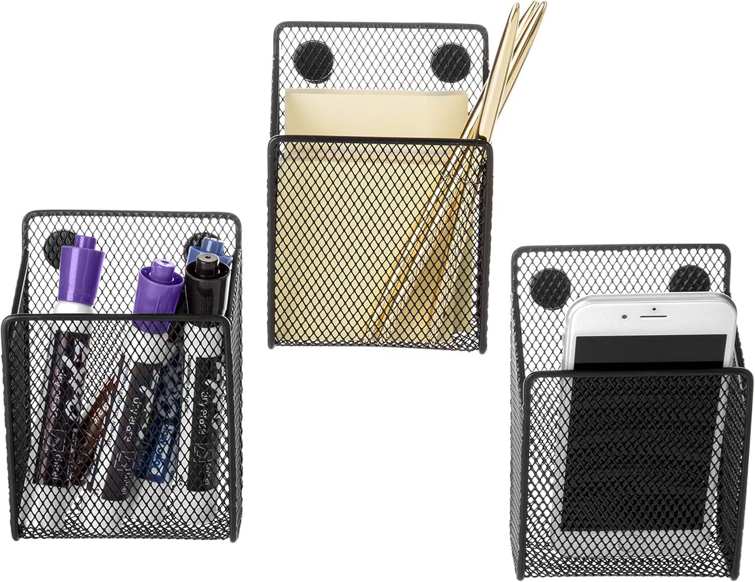 imageMyGift Set of 3 Magnetic Dry Erase Marker Holder Silver Wire Storage Basket Office Supplies Organizer White Board Pen Holders BlackBlack