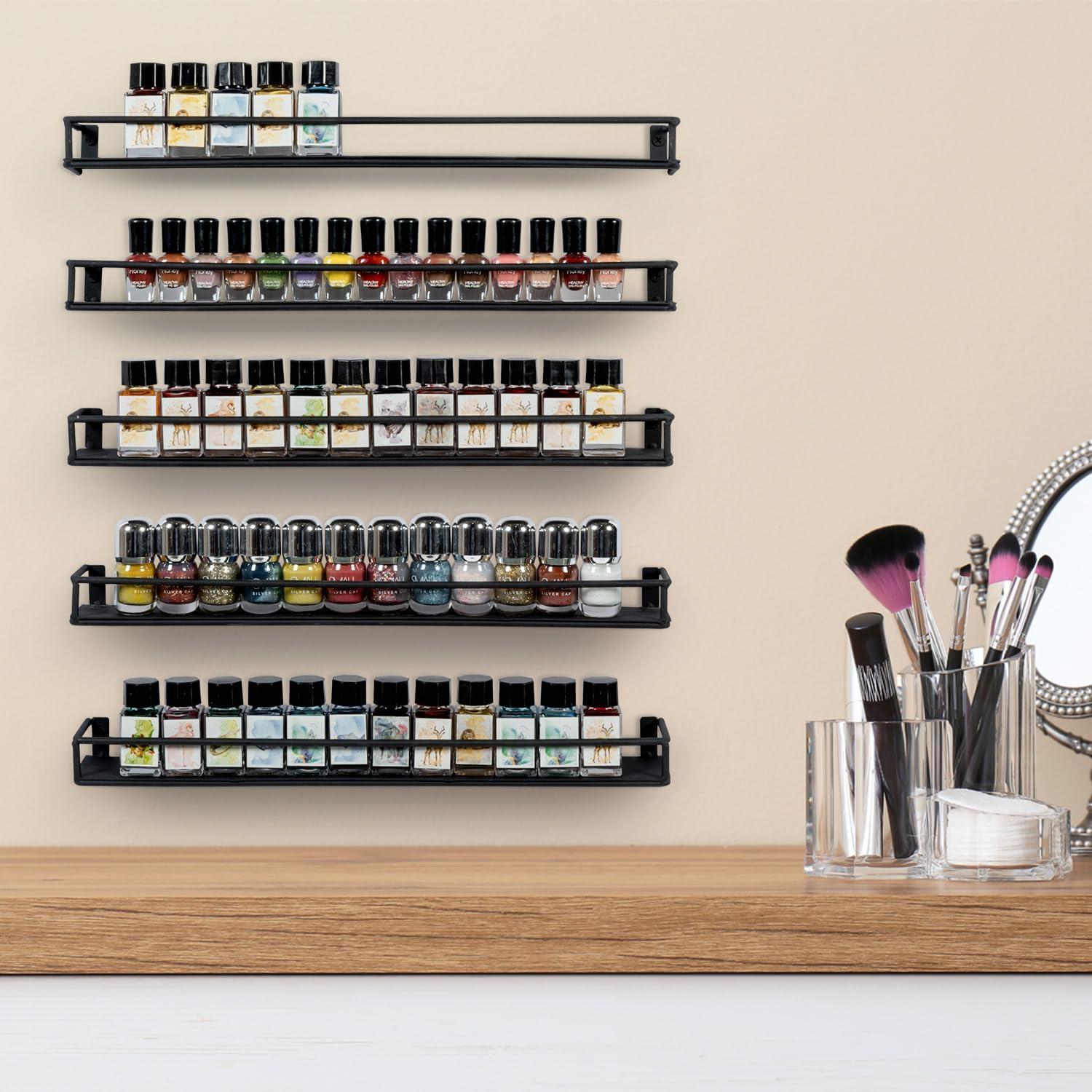 imageMyGift Set of 3 WallMounted Black Metal Nail Polish and Essential Oils Display Shelves Kitchen Spice Jars RackBlack