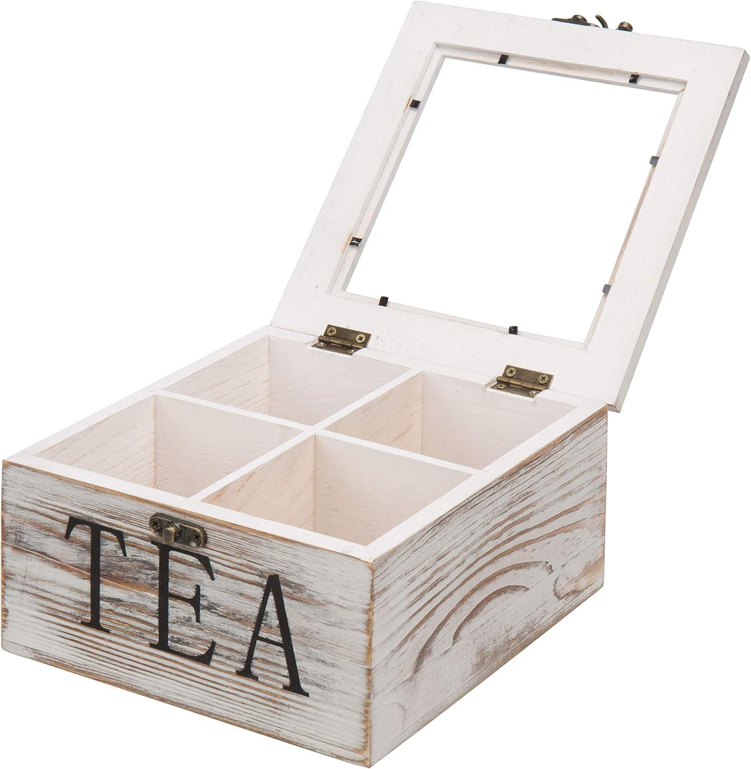 imageMyGift Shabby Whitewashed Solid Wood Tea Box Organizer with 4 Compartments Teabag Storage Chest with Clear Acrylic Lid and LatchWhitewashed