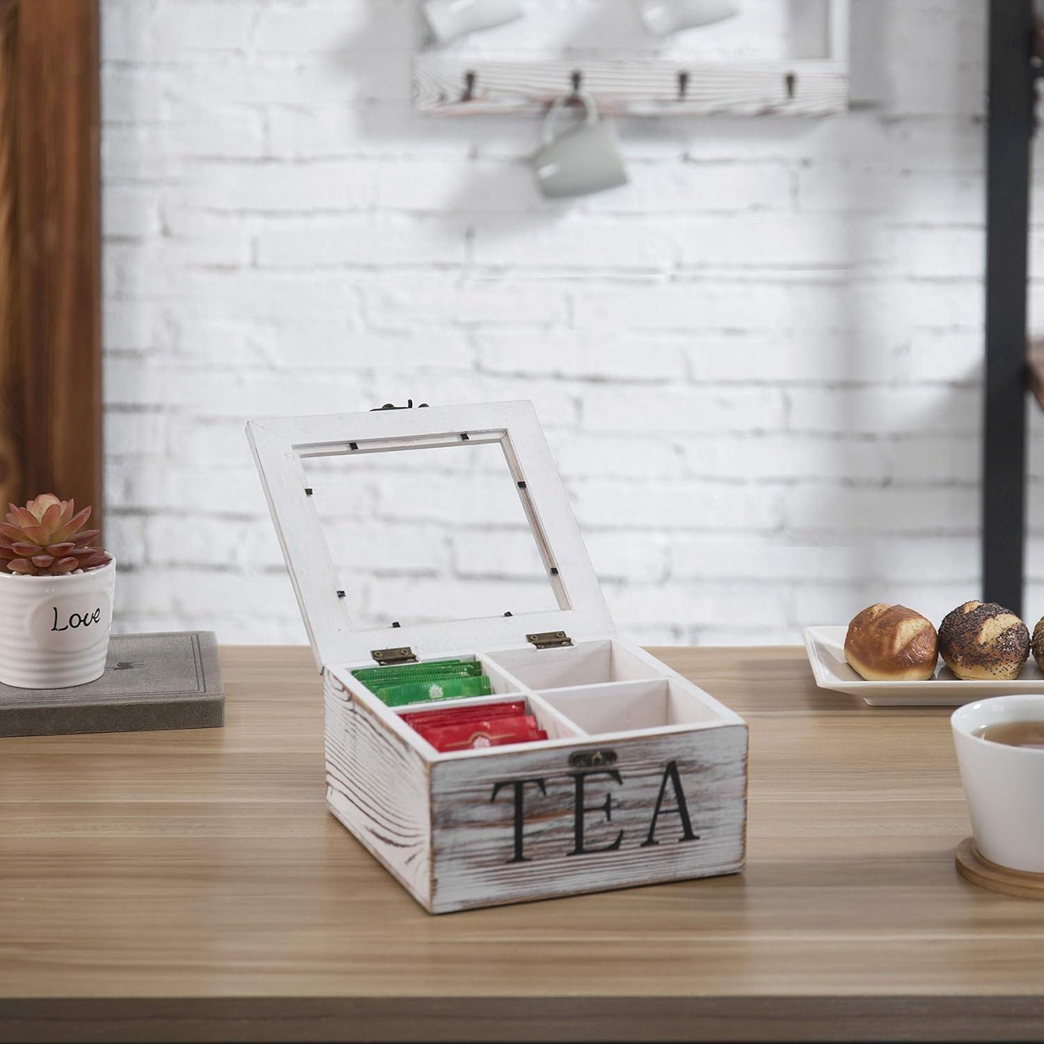 imageMyGift Shabby Whitewashed Solid Wood Tea Box Organizer with 4 Compartments Teabag Storage Chest with Clear Acrylic Lid and LatchWhitewashed