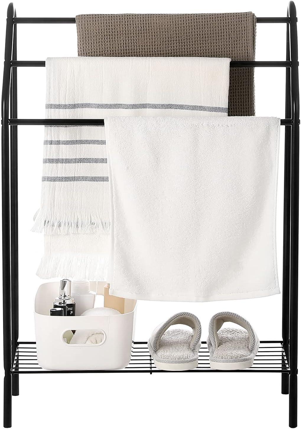 imageMyGift Silver Chrome Metal Freestanding Towel Rack for Bathroom Laundry Room Spa with 3 Tiered Bars and Storage Shelf Clothes and Towel Drying Rack StandBlack