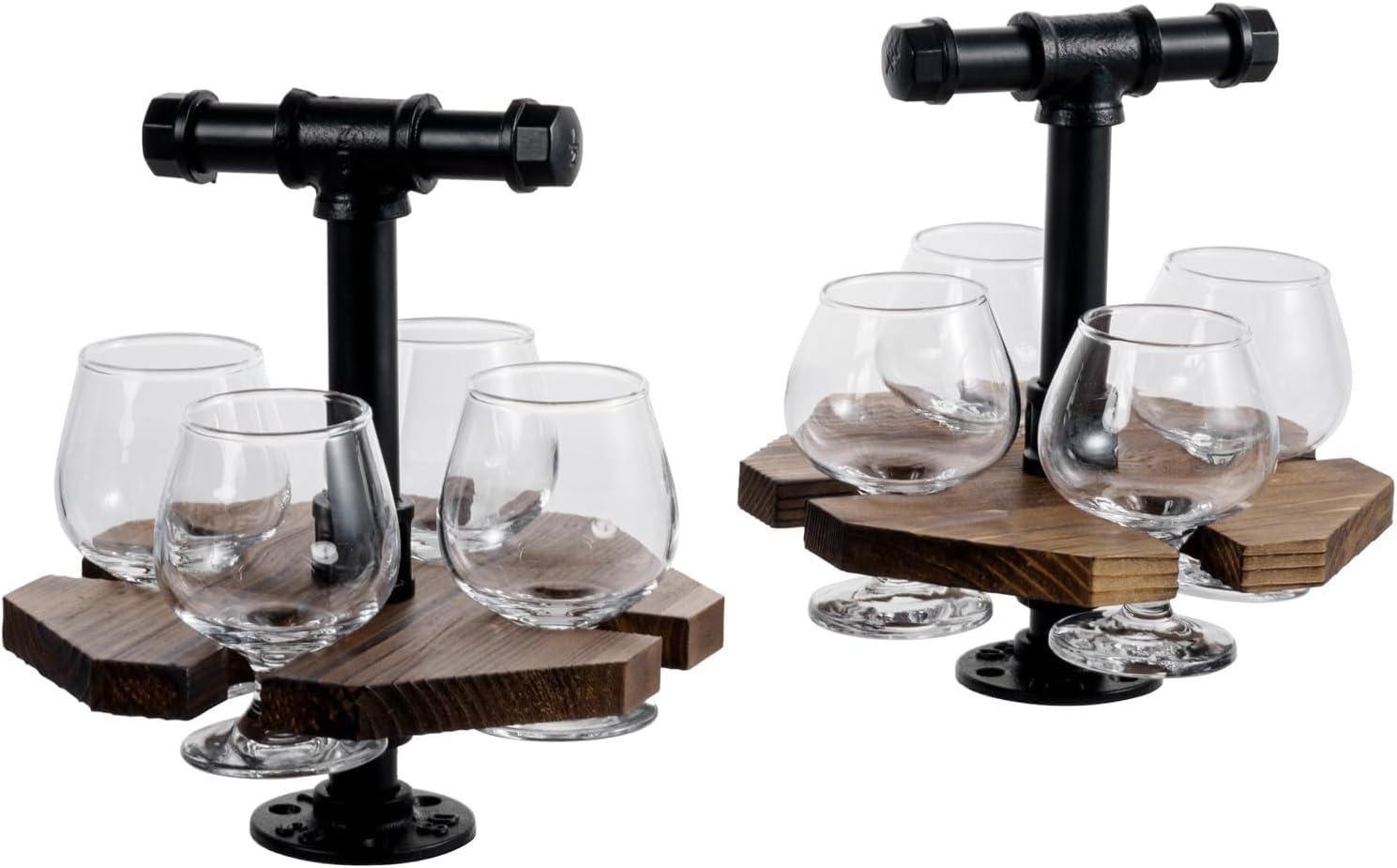 imageMyGift Solid Burnt Wood Serving Beer Whiskey Flight Set Tray with Industrial Black Metal Pipe Carrying Handle and 4 Small Snifter Style Tasting Beer Glasses Set of 22 Pack