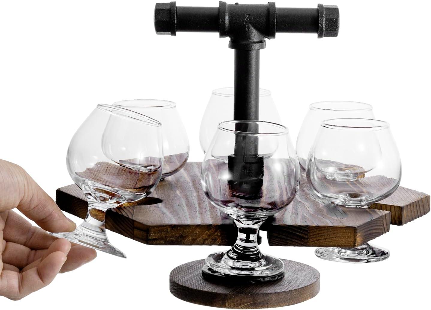 imageMyGift Solid Burnt Wood Serving Beer Whiskey Flight Set Tray with Industrial Black Metal Pipe Carrying Handle and 4 Small Snifter Style Tasting Beer Glasses Set of 2Burnt Wood Black Metal